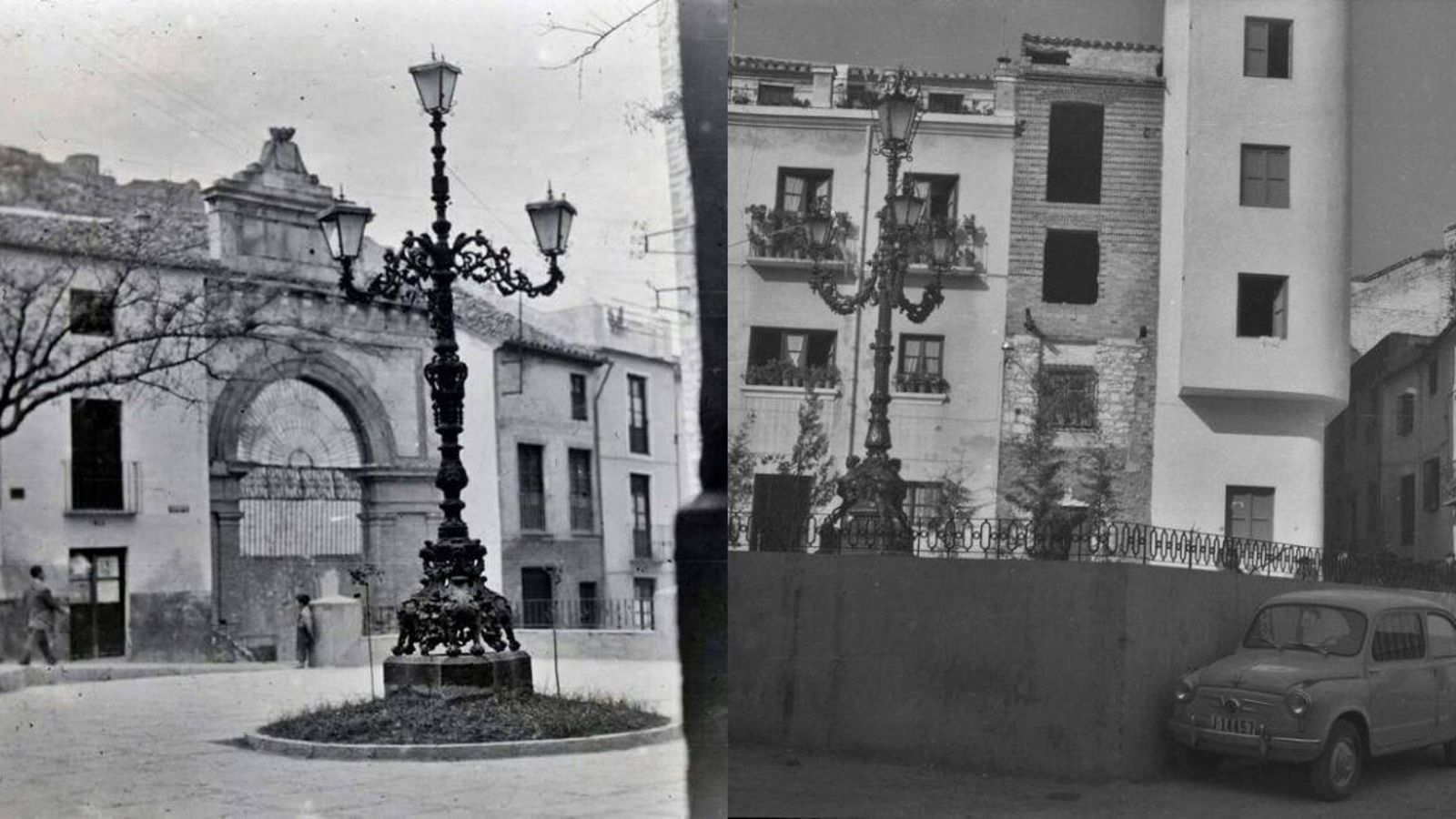 A la izquierda, una de las farolas reubicadas en La Magdalena, y a la derecha, otra en la plaza de San Agustín.
