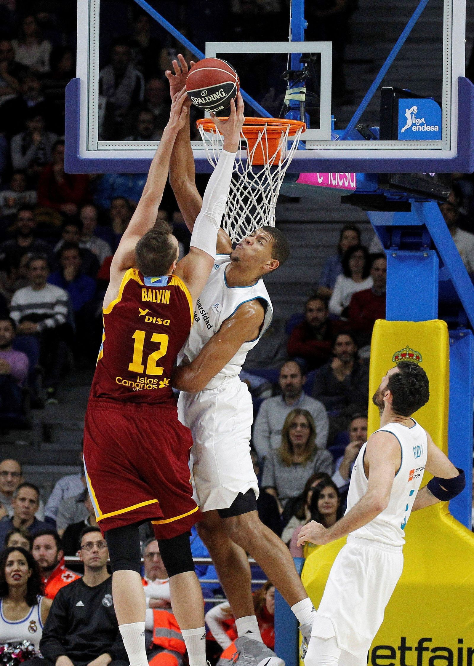 Tavares intenta ponerle un tapón a Balvin debajo de la canasta madridista.
