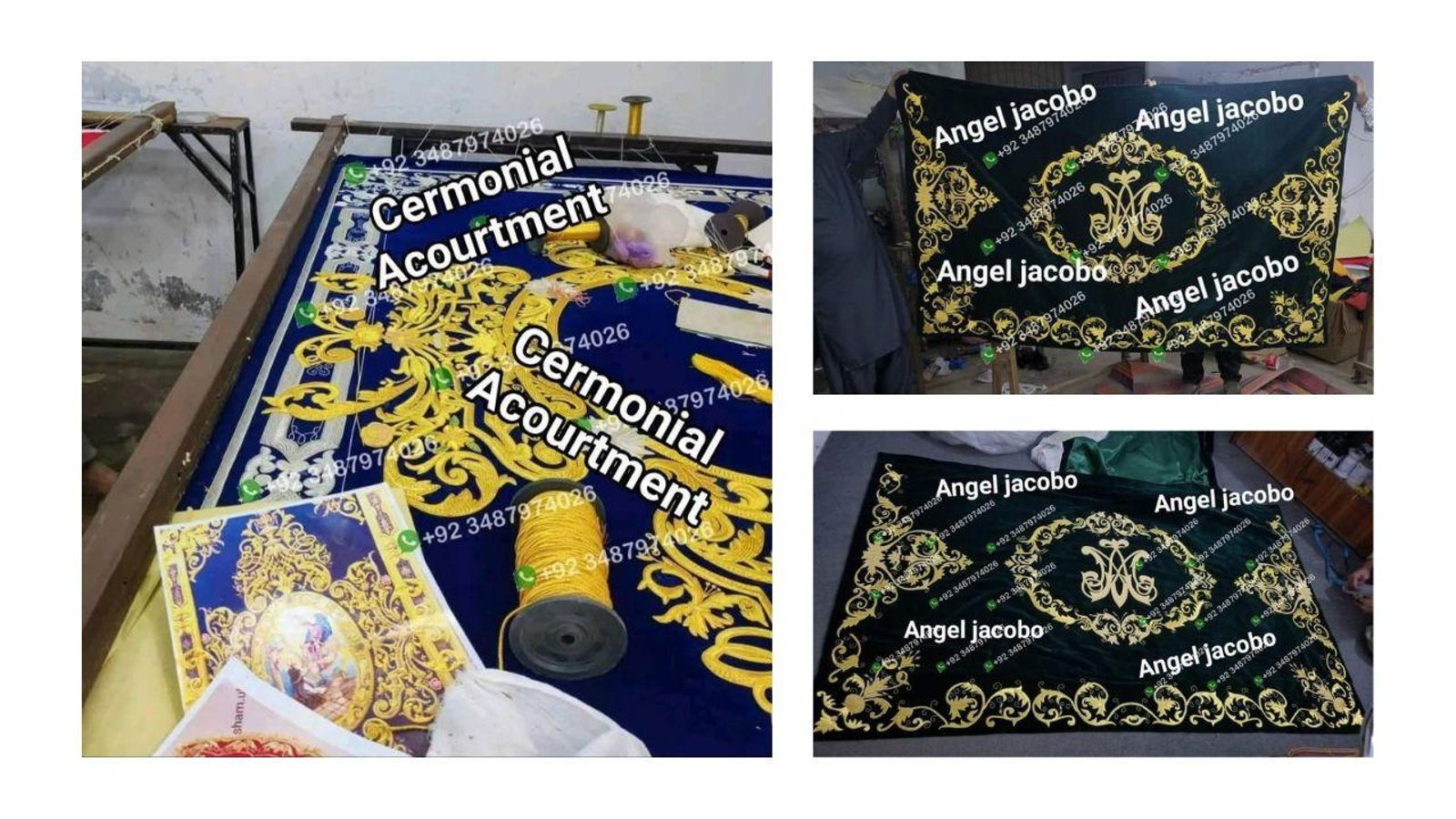El techo de palio de la Virgen de la Estrella a la izquierda y el faldón frontal de la Virgen de la Paz a la derecha. El techo de palio de la Virgen de la Estrella a la izquierda y el faldón frontal de la Virgen de la Paz a la derecha.
