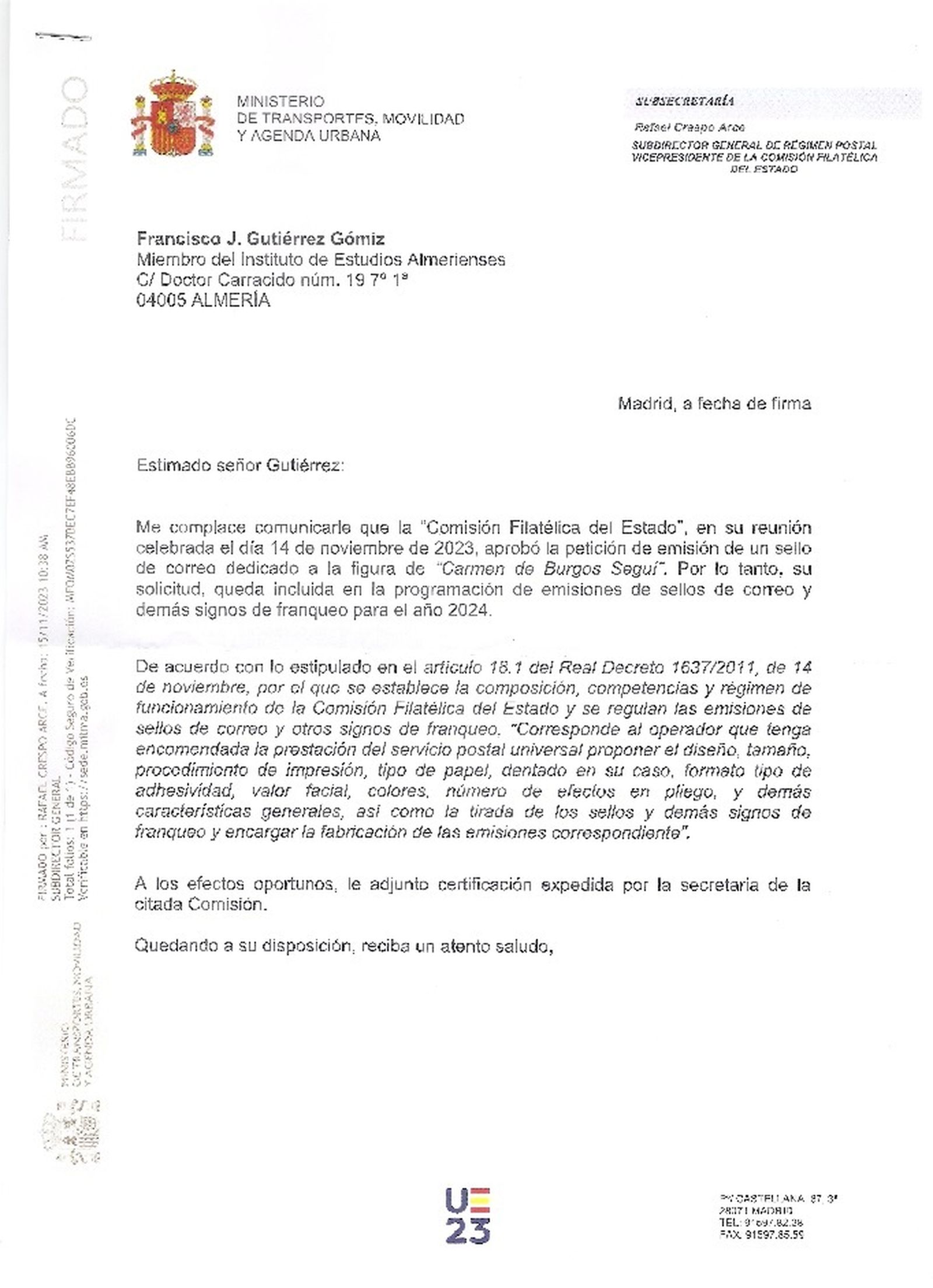 Escrito de concesión del sello de Carmen de Burgos Seguí