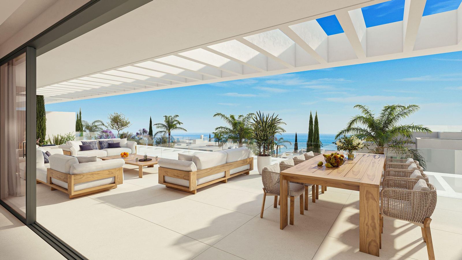 Infografía de la terraza de una vivienda de la promoción Sunlife en Marbella.