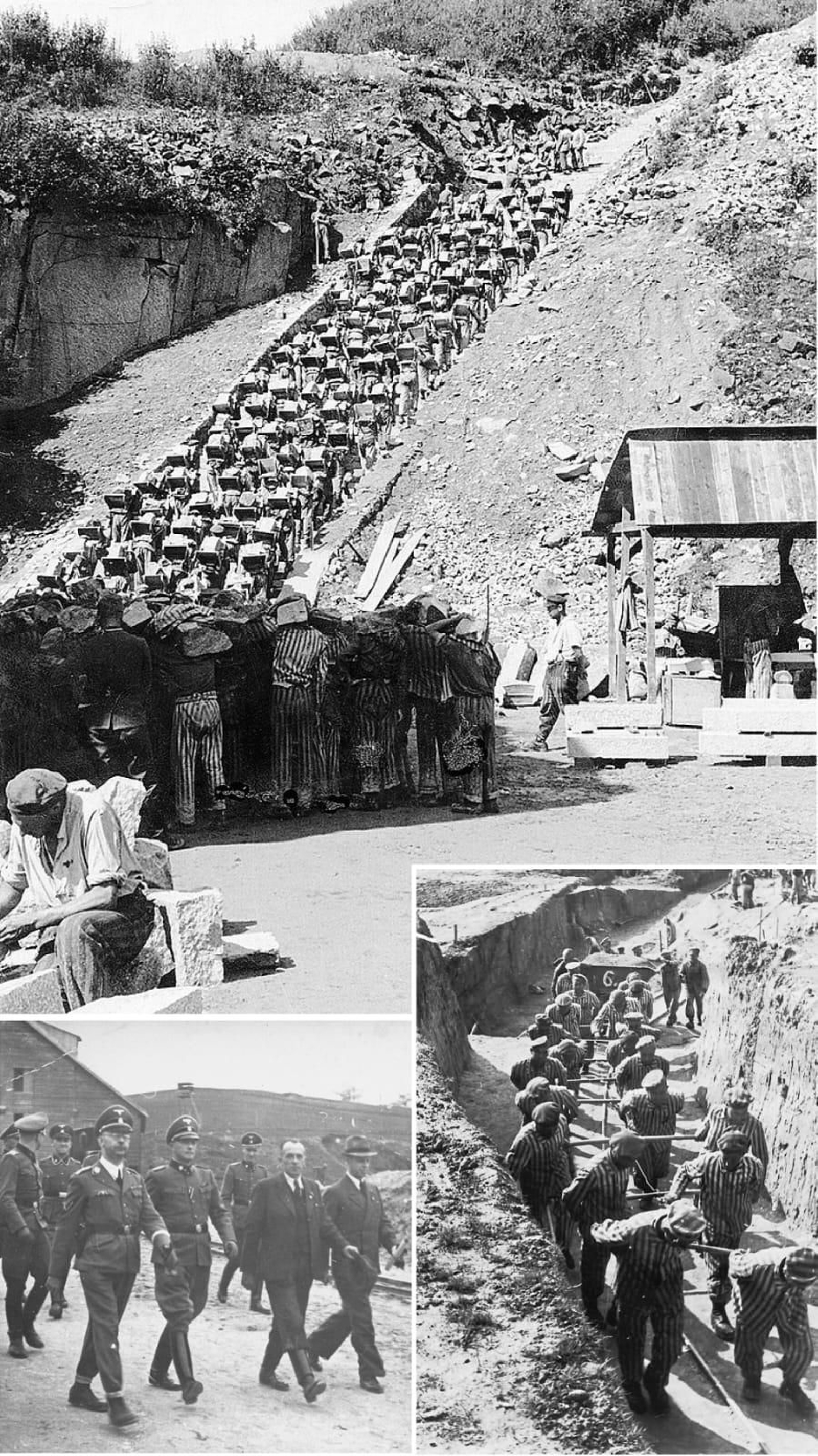 Prisioneros en la "escalera de la muerte" de Mauthausen (1942). Heinrich Himmler (1° izquierda) y el comandante Franz Ziereis (2° por la izquierda) durante su inspección de la cantera (1941).