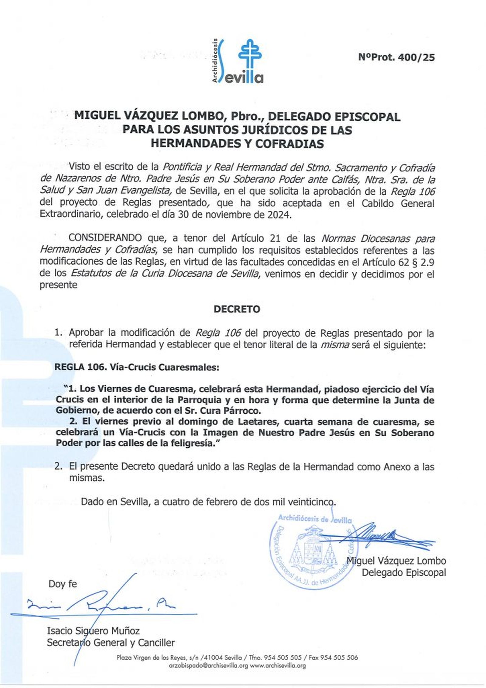 Decreto emitido por la Delegación Episcopal de Asuntos Jurídicos