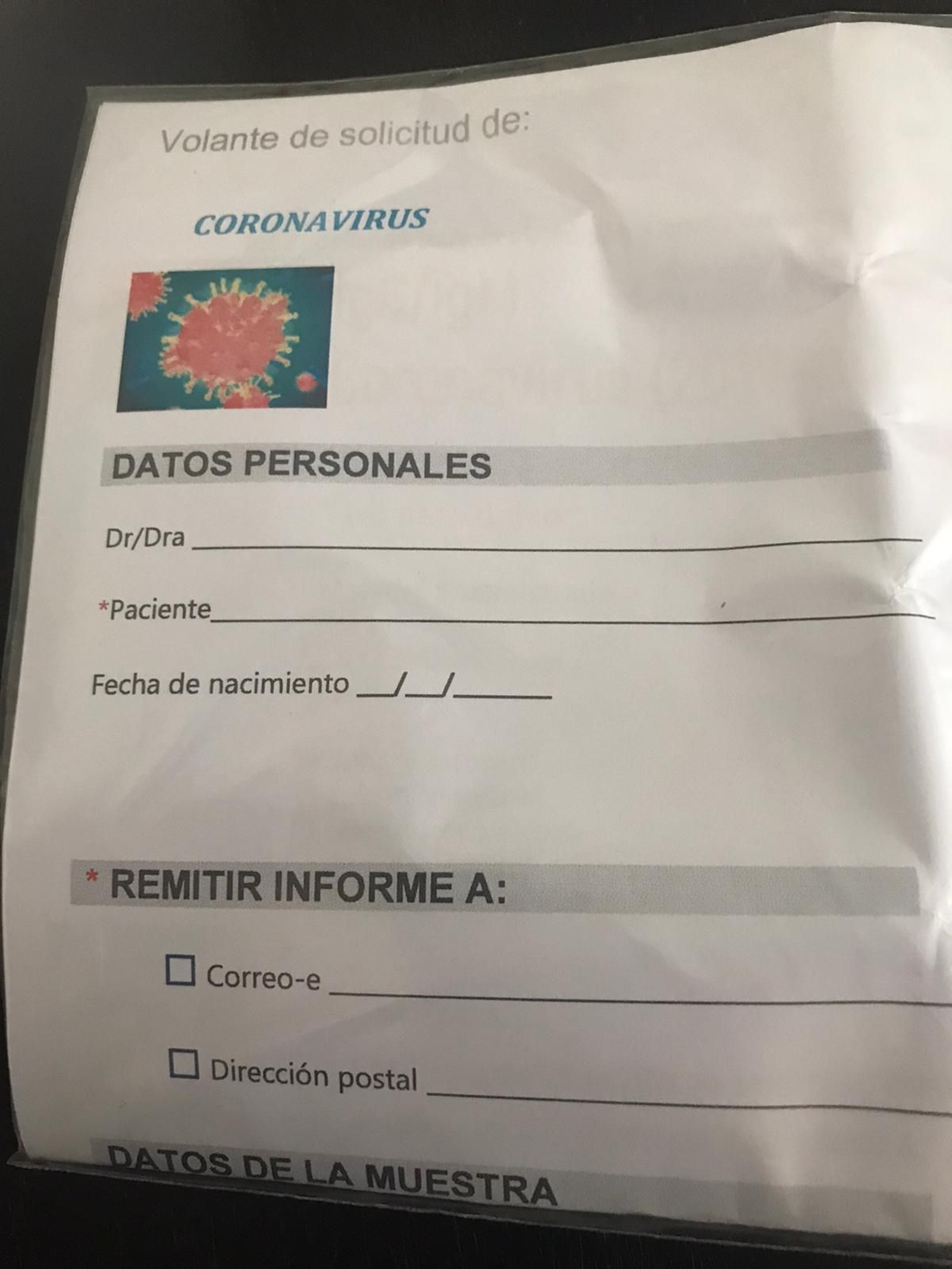 Volante para rellenar con los datos personales y remitir al laboratorio