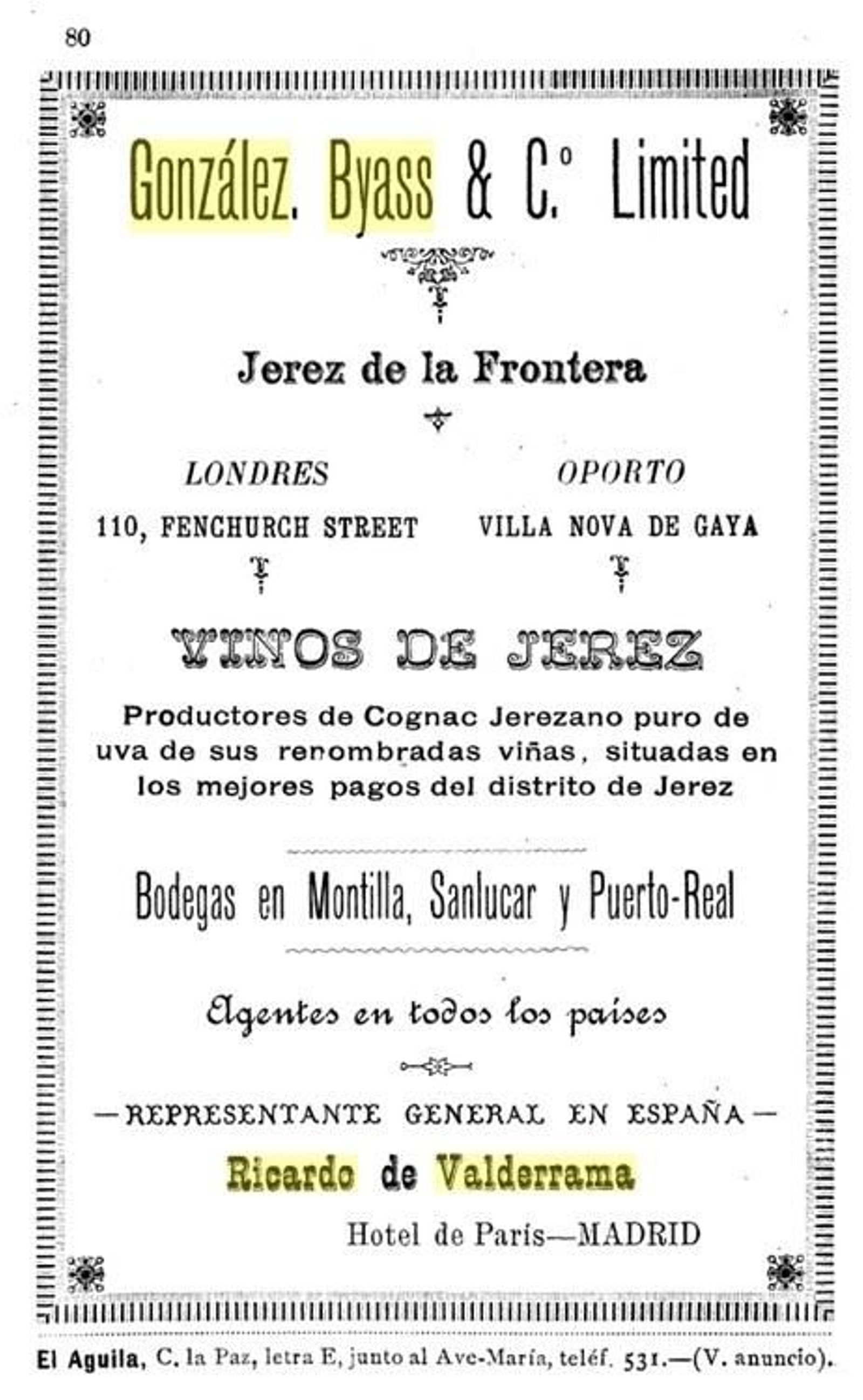 Ricardo Valderrama como representante de González Byass, 1896.