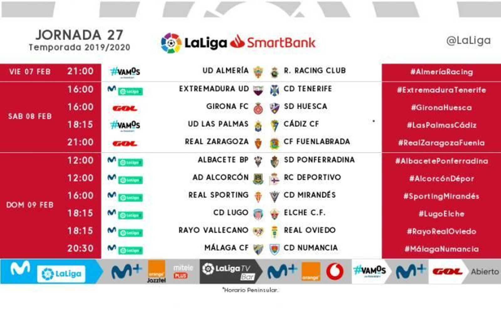 Los horarios de la jornada 27 de LaLiga SmartBank.