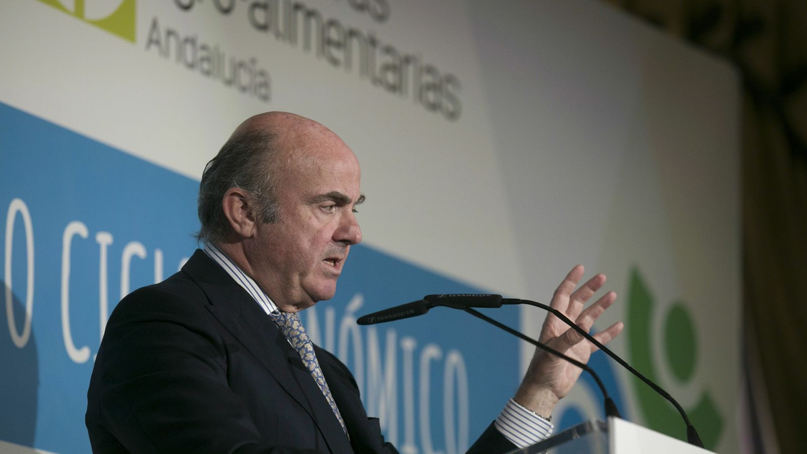 Detalle de Luis de Guindos, vicepresidente del Banco Central Europeo, durante su conferencia magistral.
