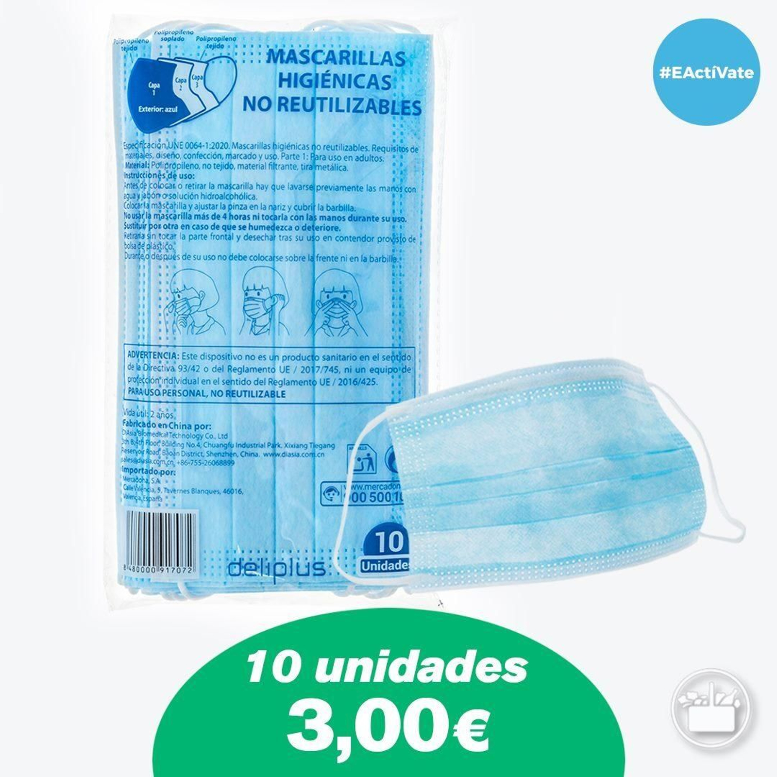 Promoción de Mercadona de sus mascarillas higiénicas no reutilizables.