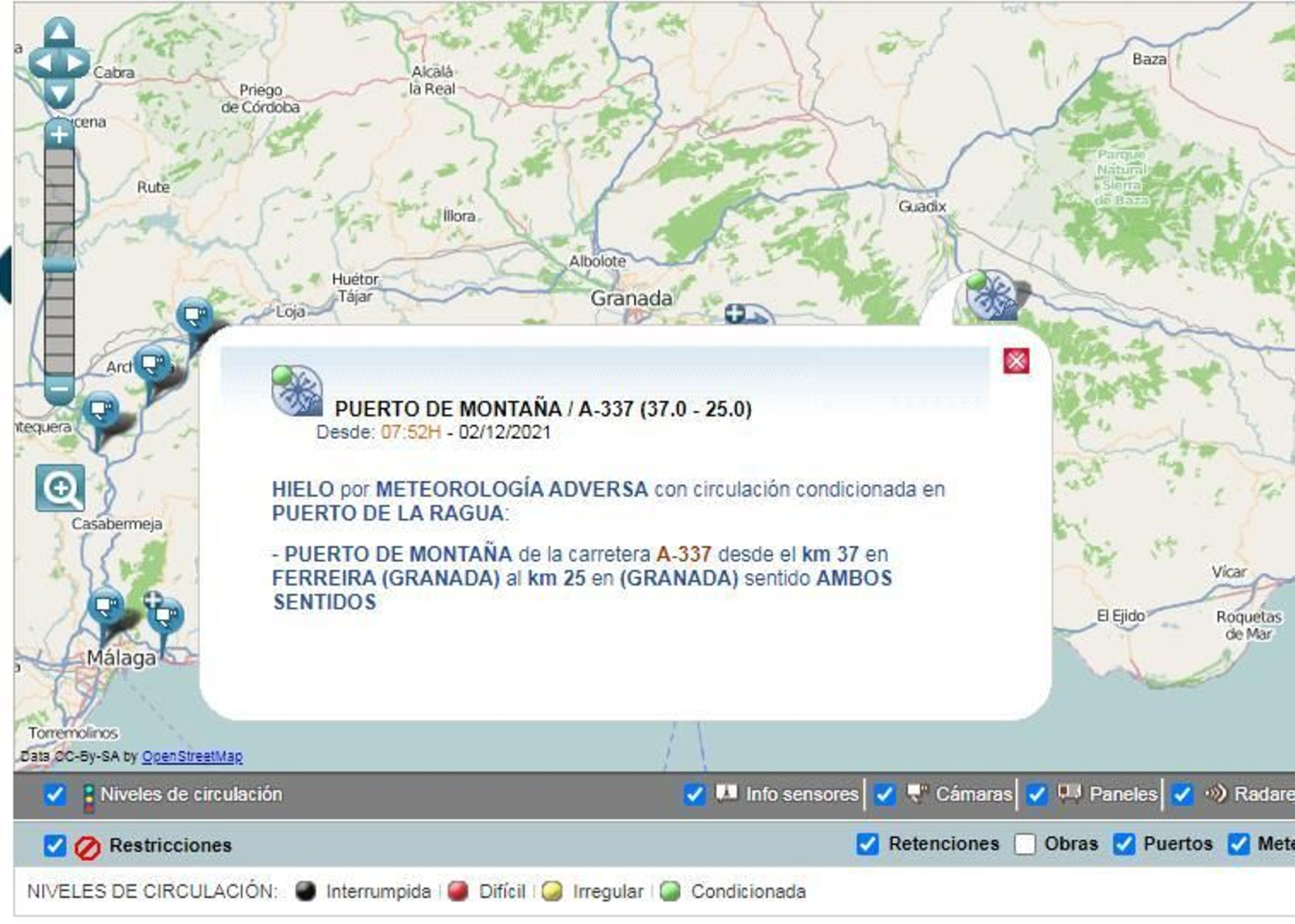 La DGT advierte del riesgo de hielo en el puerto de La Ragua en Granada