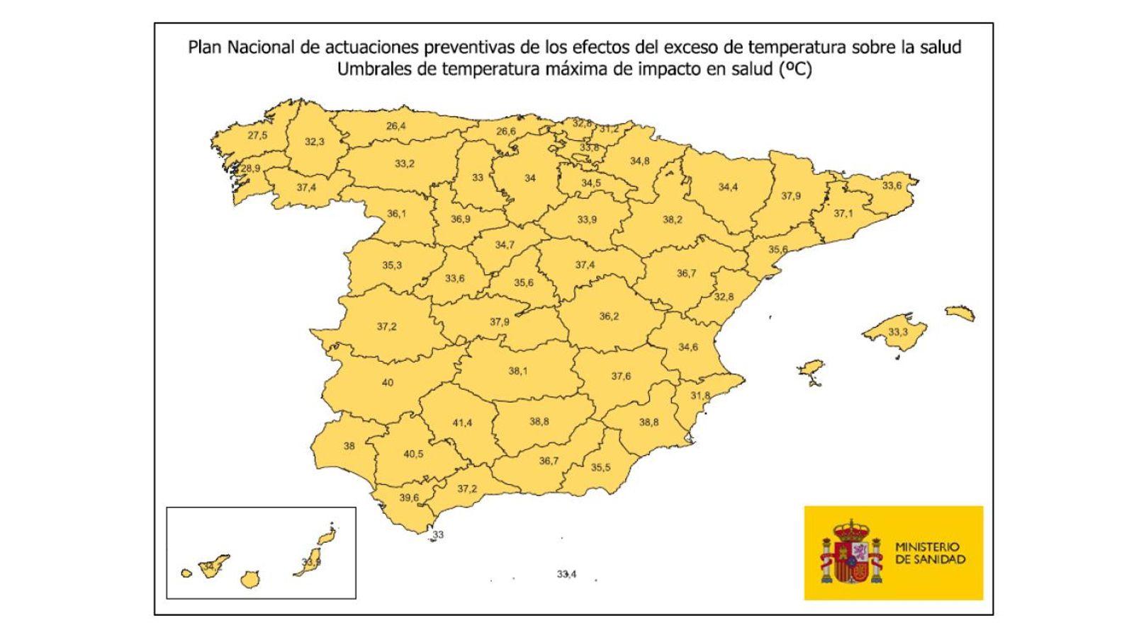 mapa de umbrales de temperaturas máximas en España.