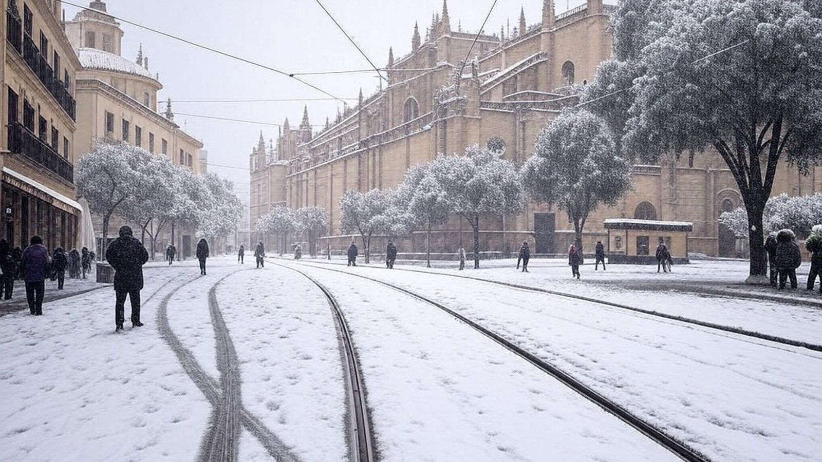 La Avenida de la Constitución cubierta de nieve según la IA
