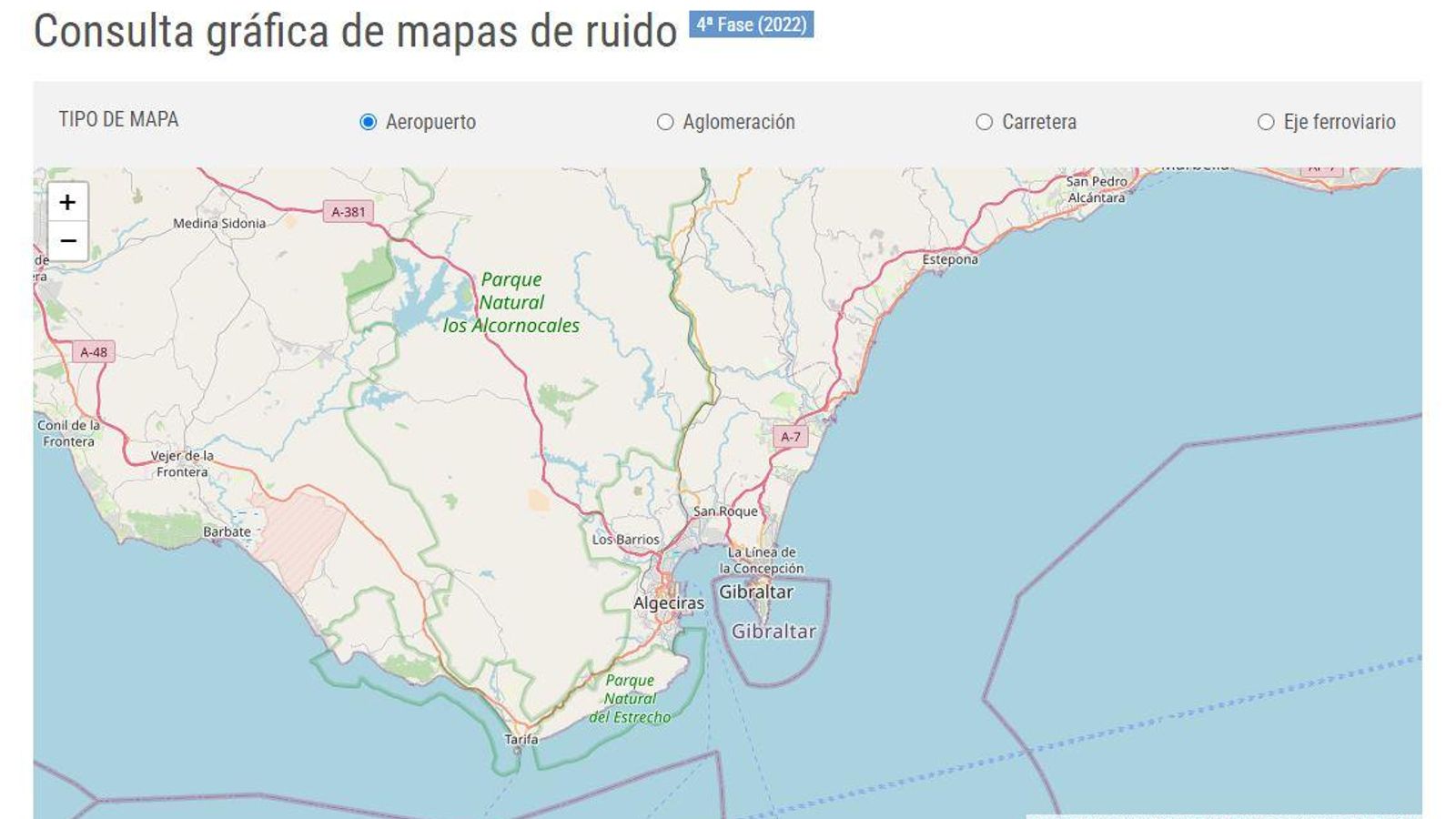 Detalle de la Bahía de Algeciras con el perímetro de aguas en torno a Gibraltar en la web de Transición Ecológica. Detalle de la Bahía de Algeciras con el perímetro de aguas en torno a Gibraltar en la web de Transición Ecológica.