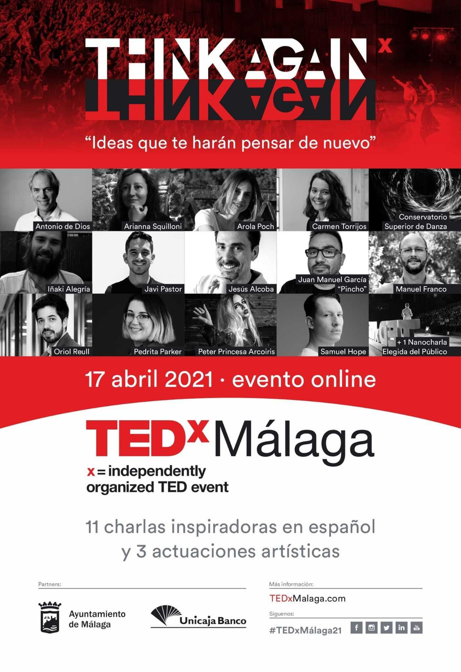 Cartel de las charlas y actividades de TEDxMálaga, que llegarán el 17 de abril en formato virtual.