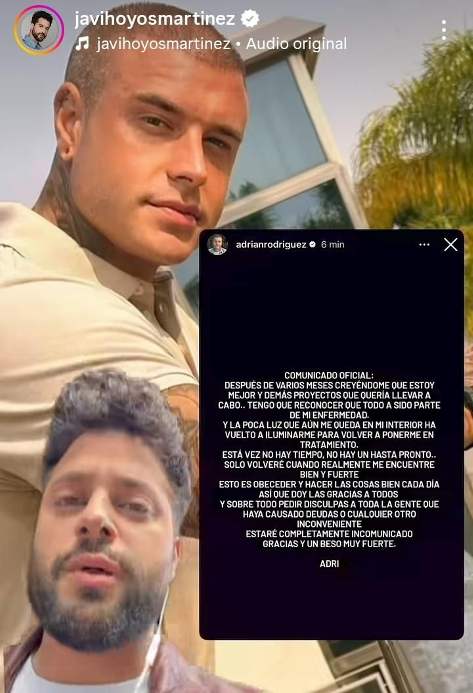 Javi de Hoyos ha compartido un pantallazo del comunicado que ha emitido Adrián Rodríguez antes de desaparecer de las redes sociales.