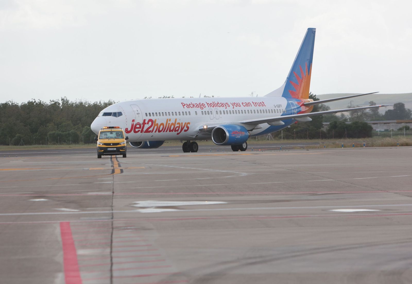 El primer avión de la compañía Jet2 que aterrizó en Jerez el pasado mes de mayo.