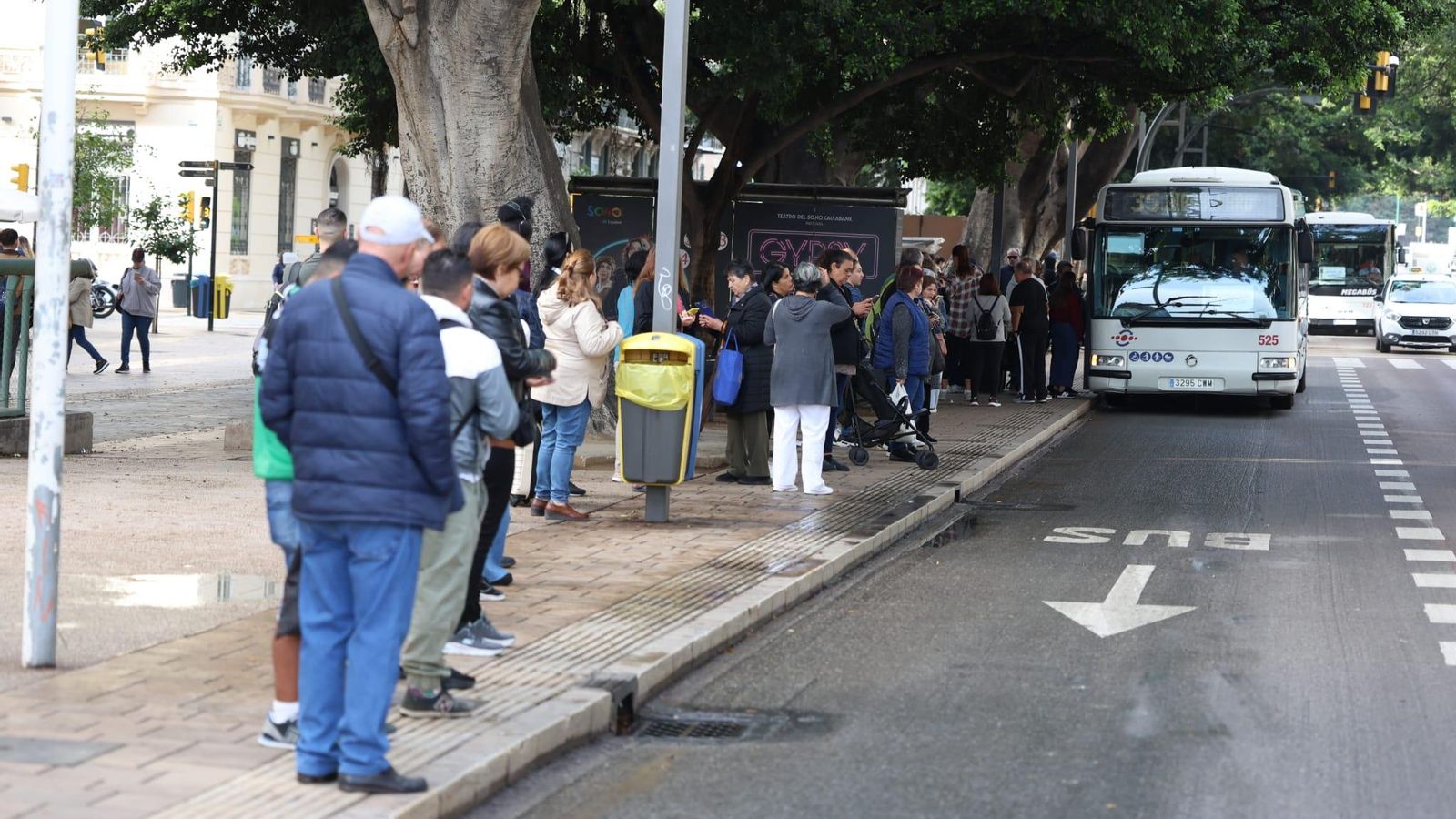 Colas en las paradas de la EMT de la Alameda Principal. Colas en las paradas de la EMT de la Alameda Principal.