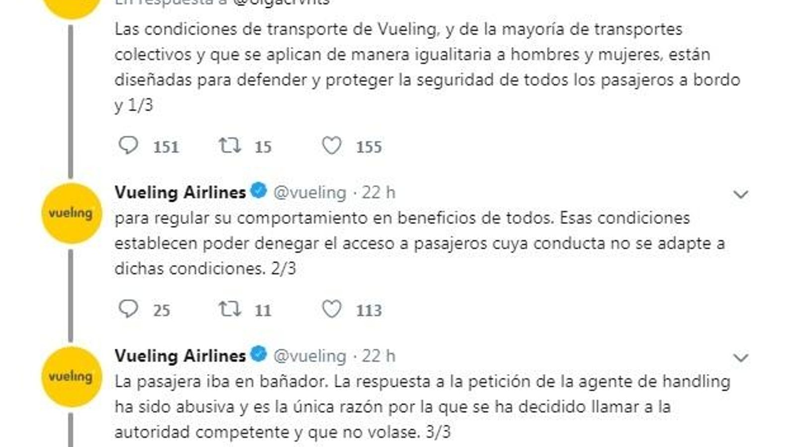 Vueling explicó su política a la pasajera