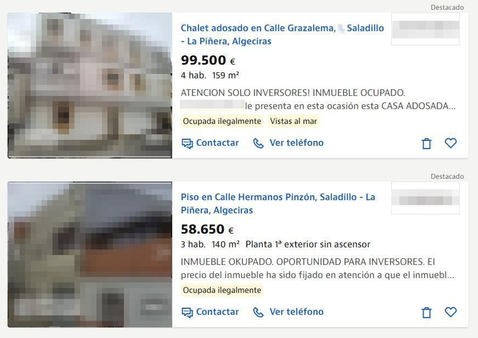 Dos anuncios de viviendas ocupadas en Algeciras.