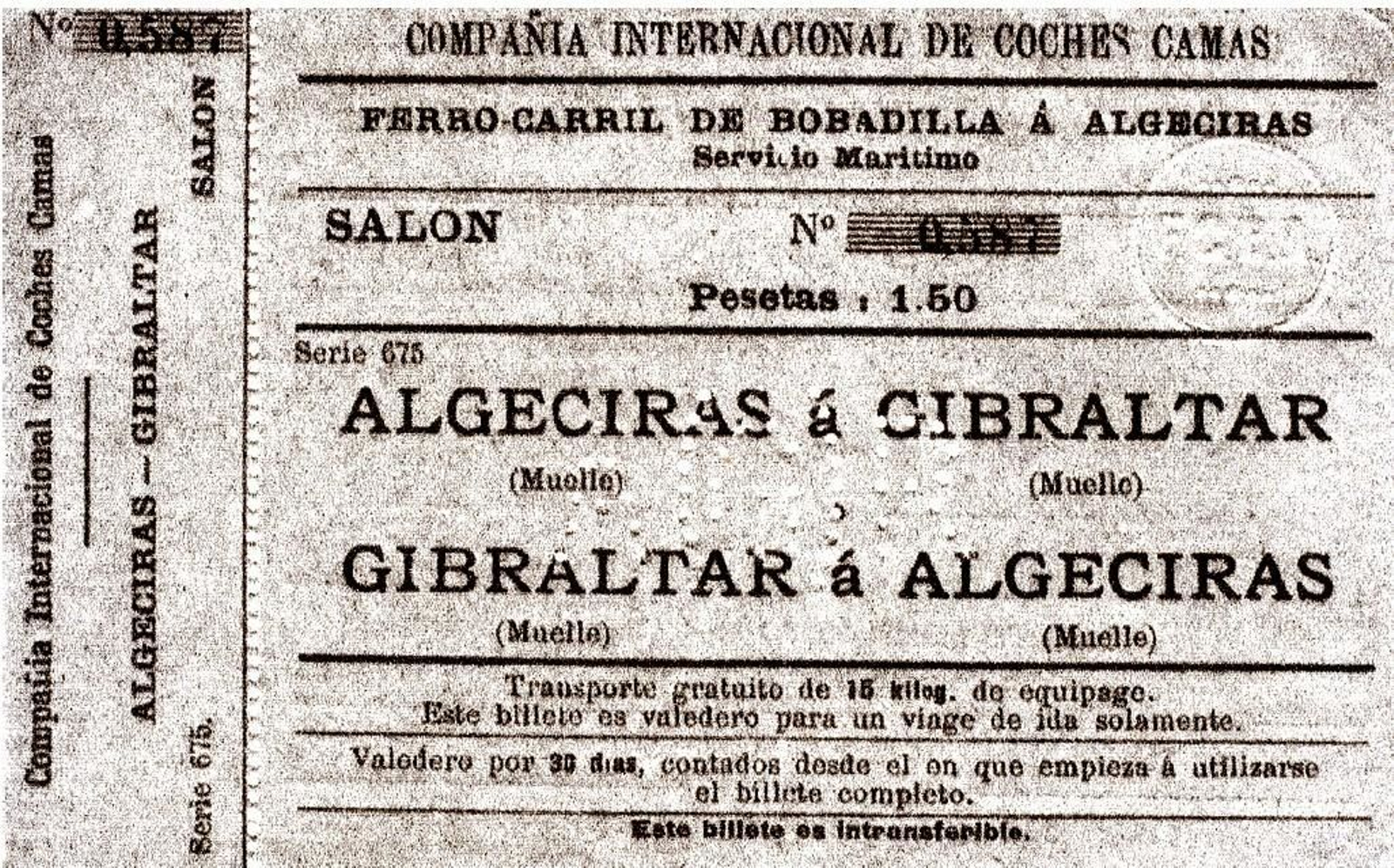 Billete de la línea Algeciras-Gibraltar emitido a principios del siglo XX.