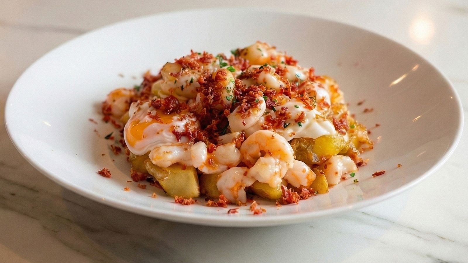 Huevos rotos con langostinos de Sanlúcar al ajillo y salchichón 5J.