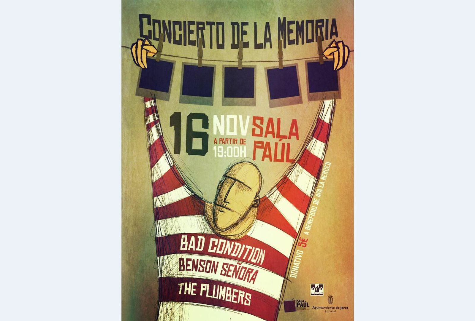 La Sala Paúl vuelve a convertirse en escenario de una actividad solidaria, en este caso, el Concierto de la Memoria, a beneficio de la Asociación de Familiares de Alzheimer. Será el sábado 16 de noviembre, a partir de las 19 horas, gracias a la colaboración y la implicación de tres grupos musicales, Bad Condition, Benson Señora y The Plumbers.