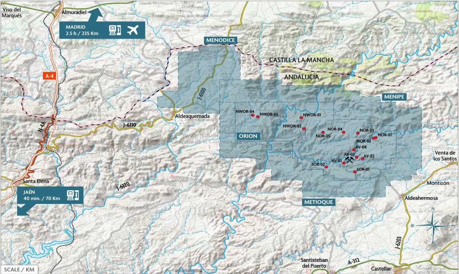 Mapa del proyecto Orión en la provincia de Jaén.