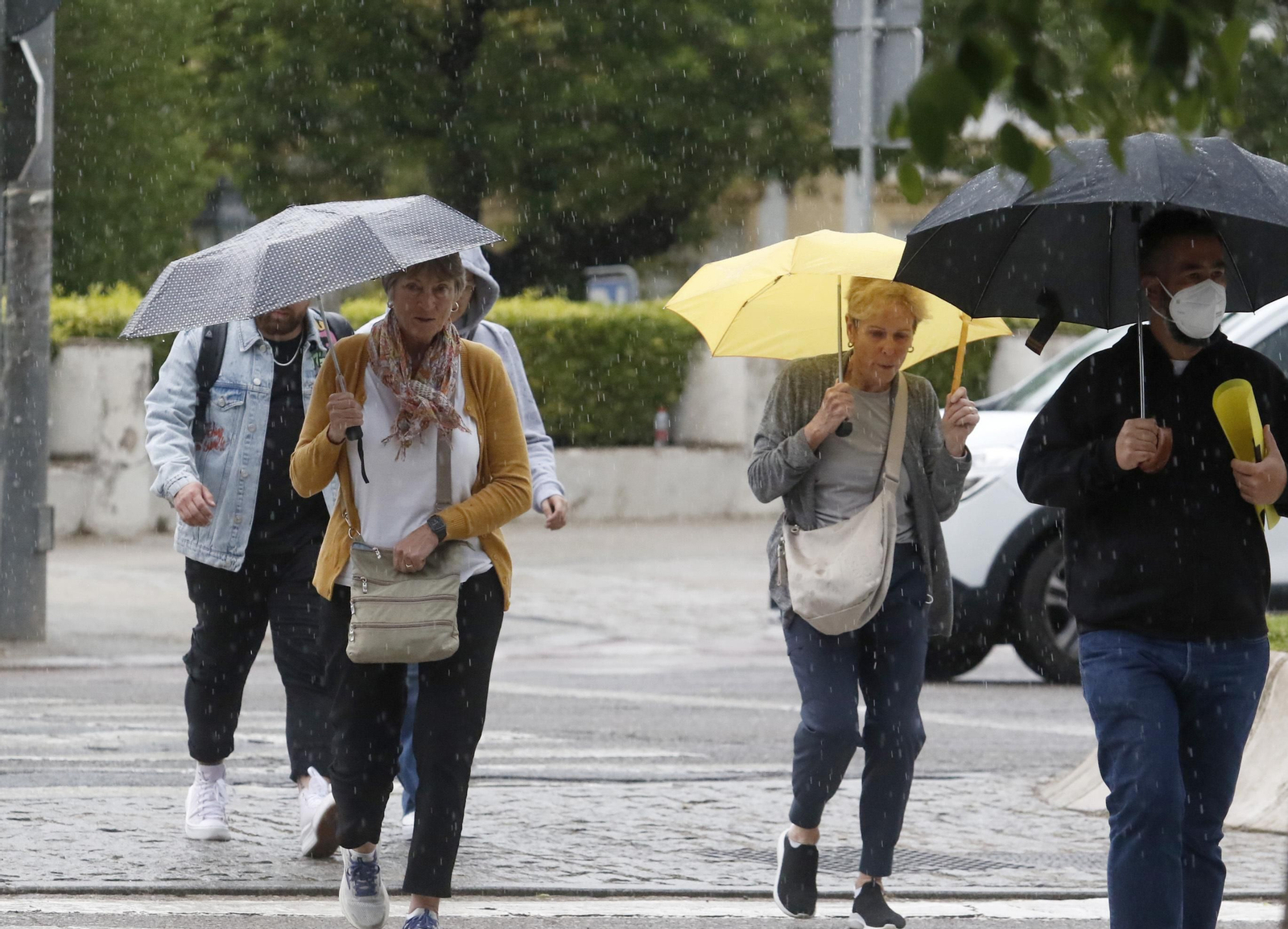 Varias personas se protegen de la lluvia.