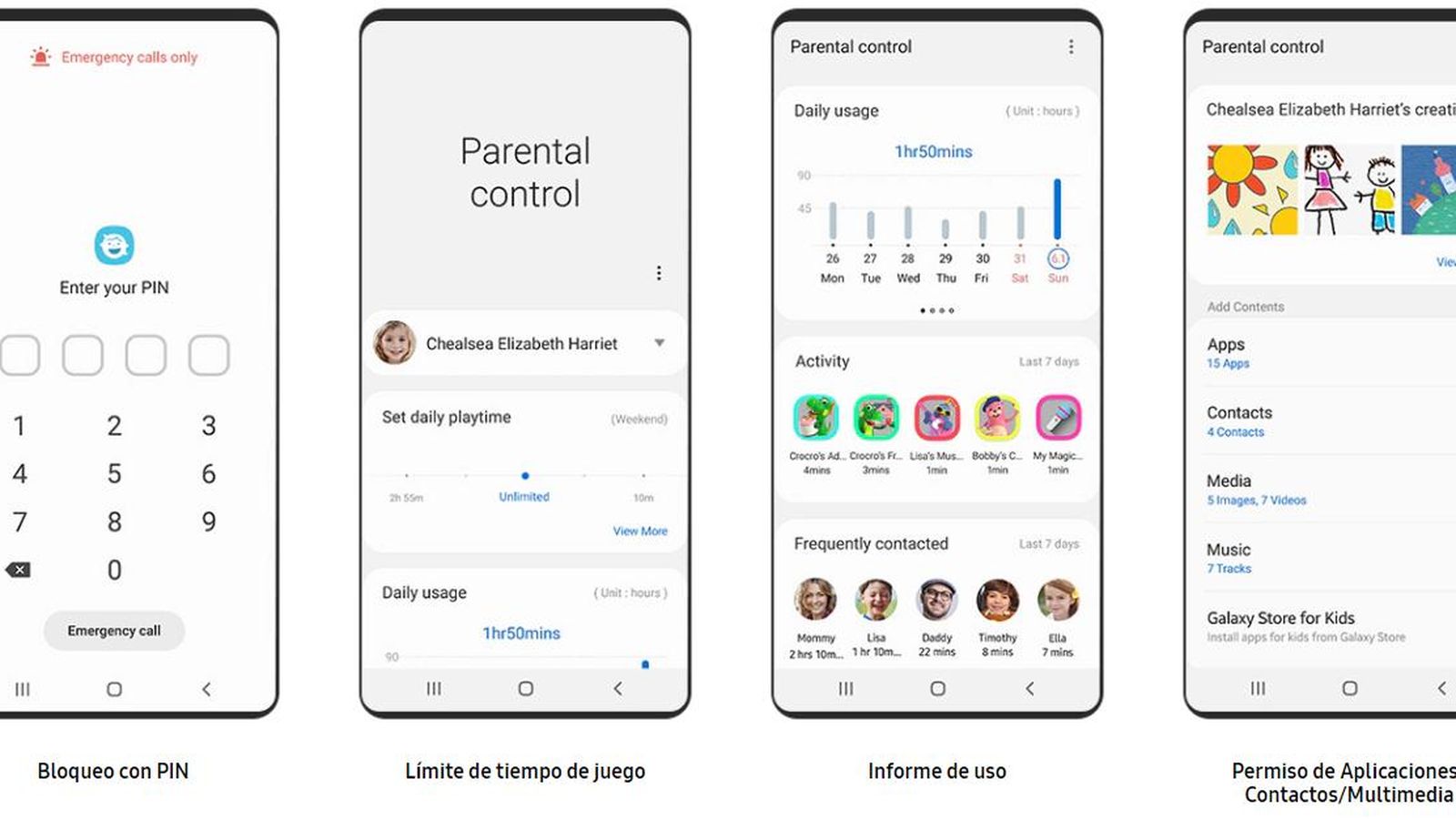 Pantalla de configuración de Samsung Kids.