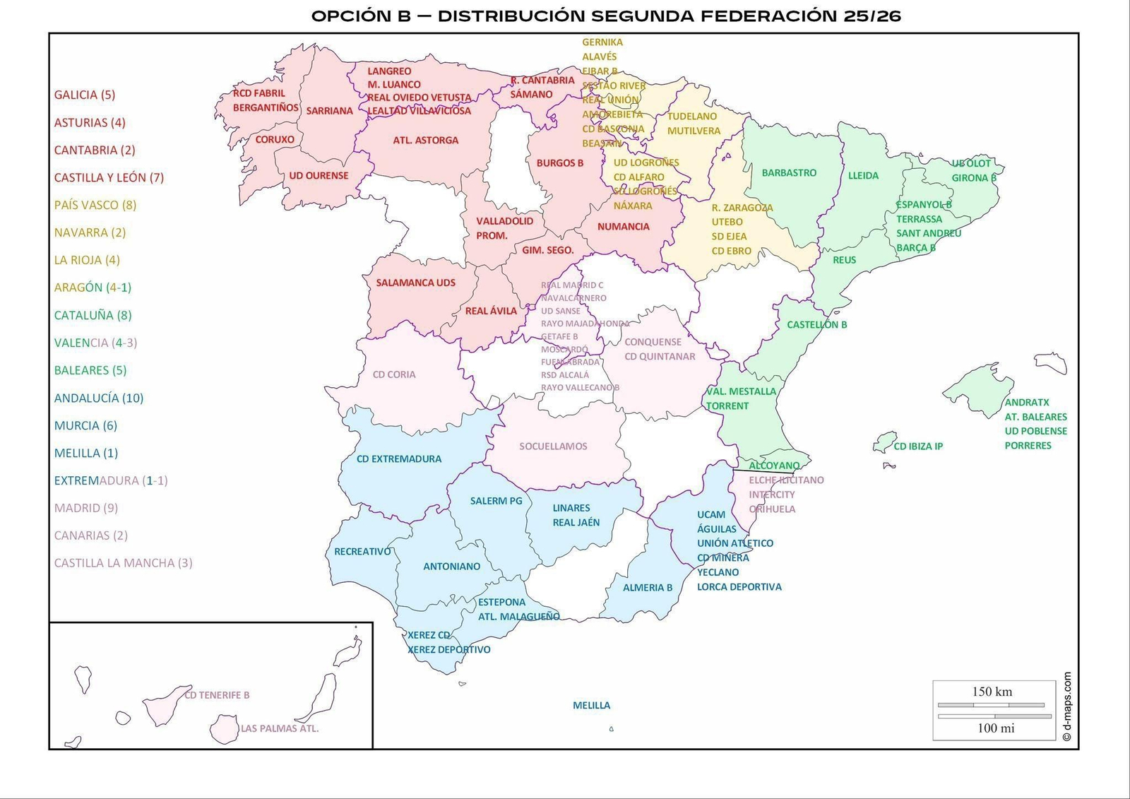 Distribución de los 90 equipos en los cinco grupos en el mapa.