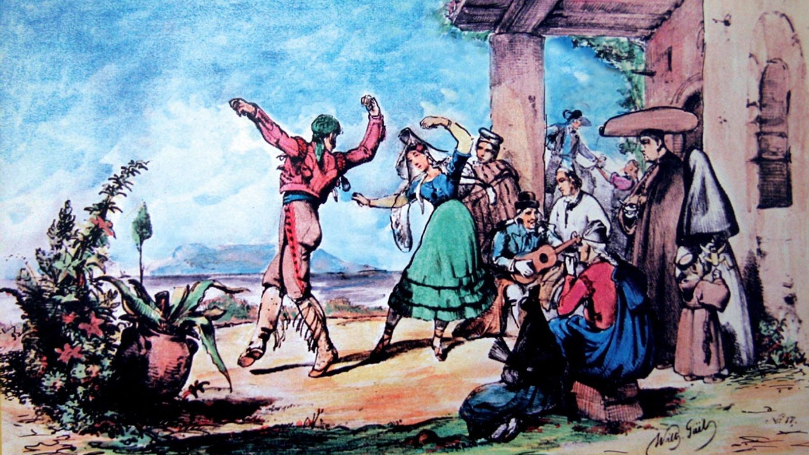 Grabado del alemán Wilhem Gaïl de un grupo de personas bailando el fandango suelto delante de la Capilla de la Dehesa de la Punta (hacia 1830).