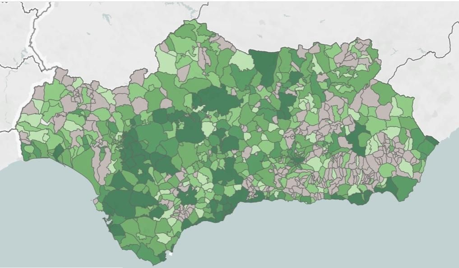 Mapa de casos diagnosticados en los últimos 14 días en Andalucía.