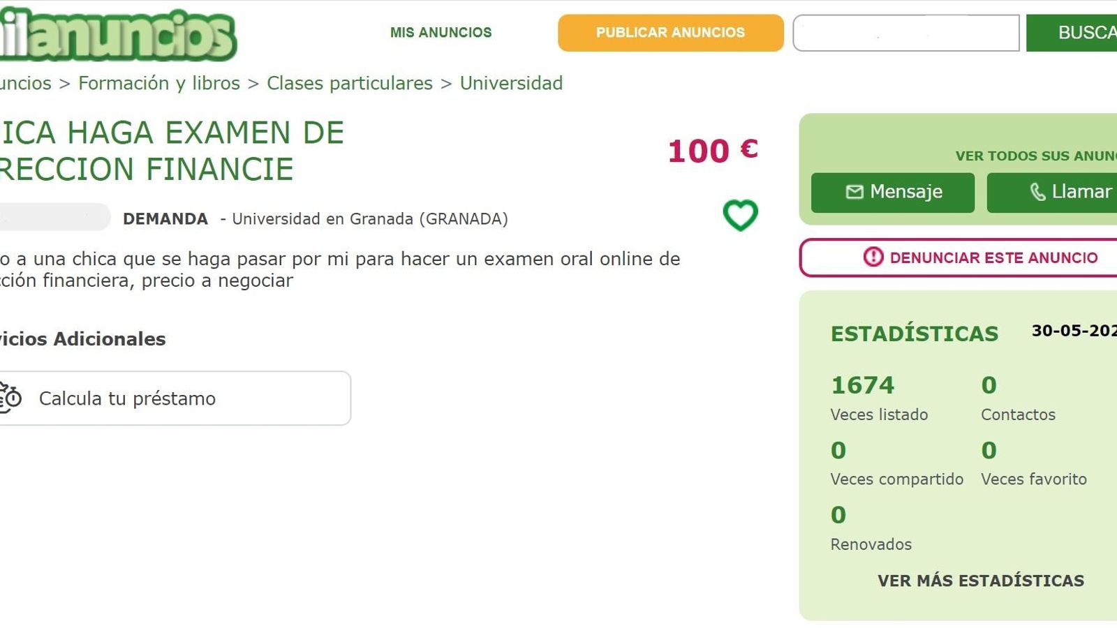 Otra captura de pantalla de otro anuncio donde un alumno paga por un examen.