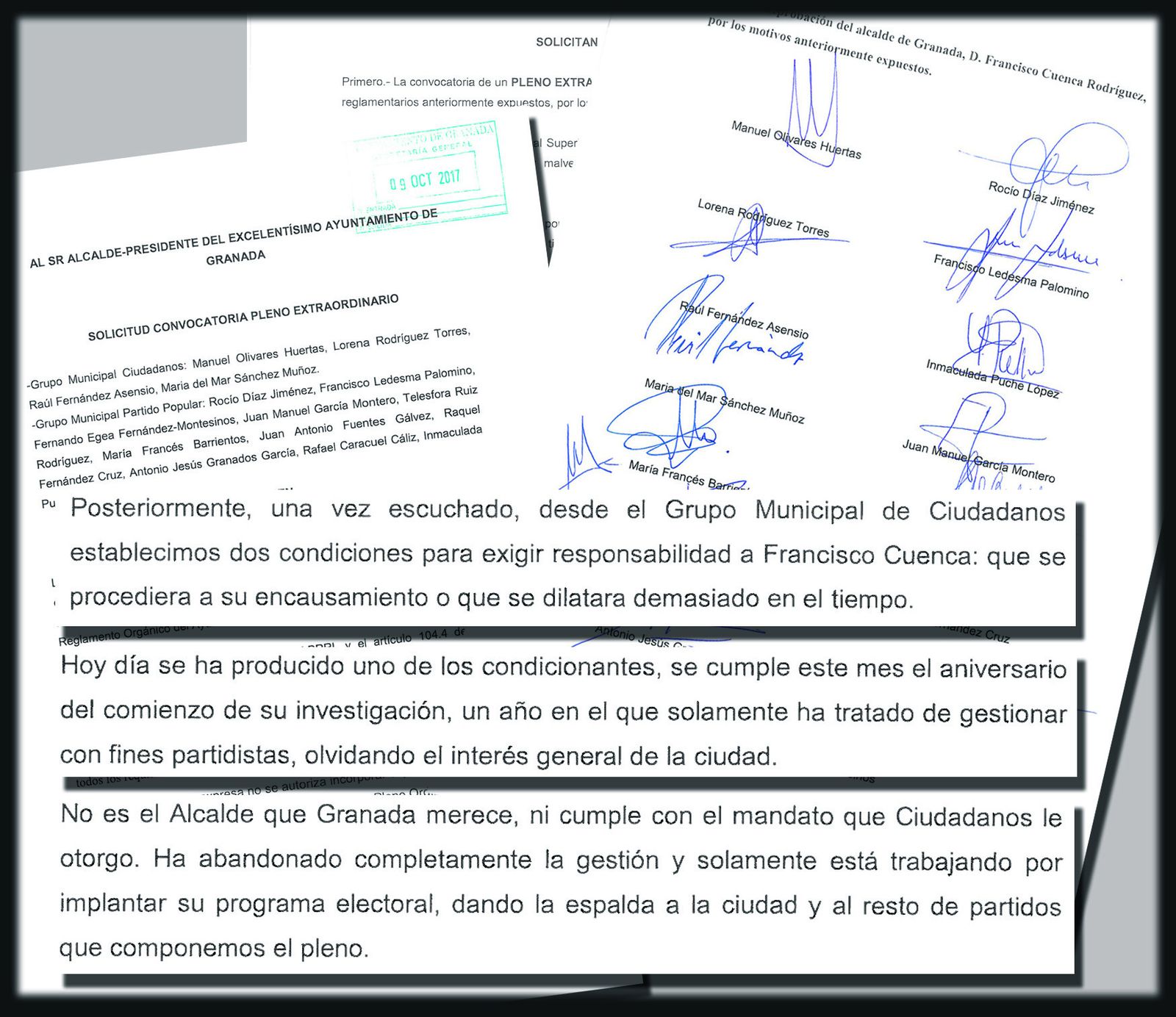 Escrito dirigido al alcalde de Granada promoviendo la convocatoria del pleno extraordinario de reprobación.