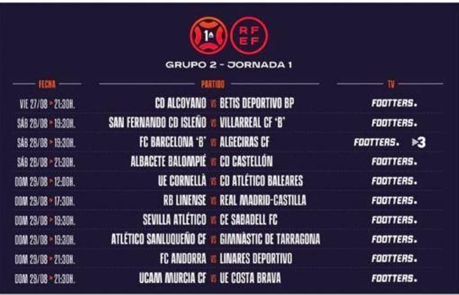 Los horarios de la jornada inaugural de la Primera RFEF