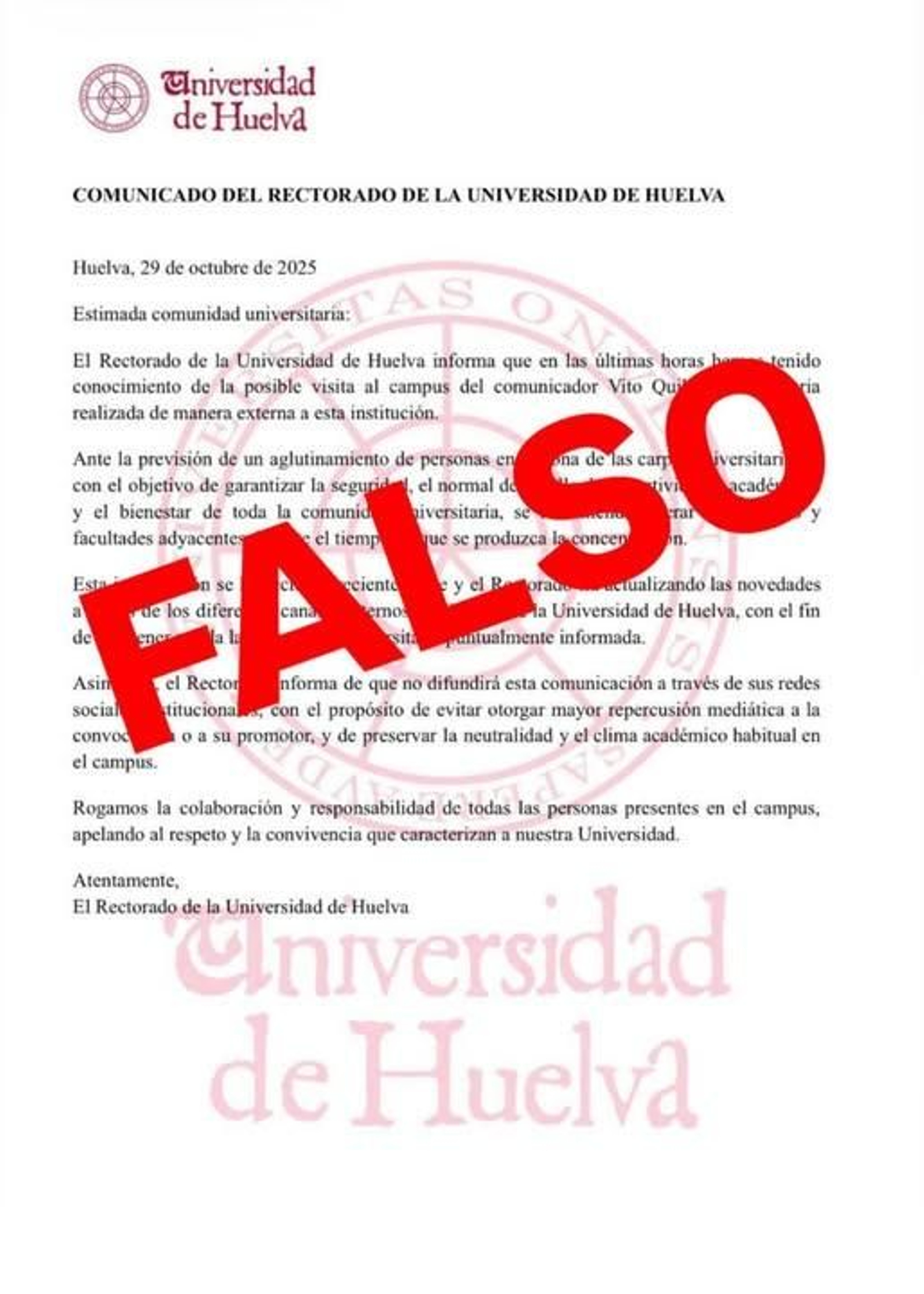 Foto del comunicado falso