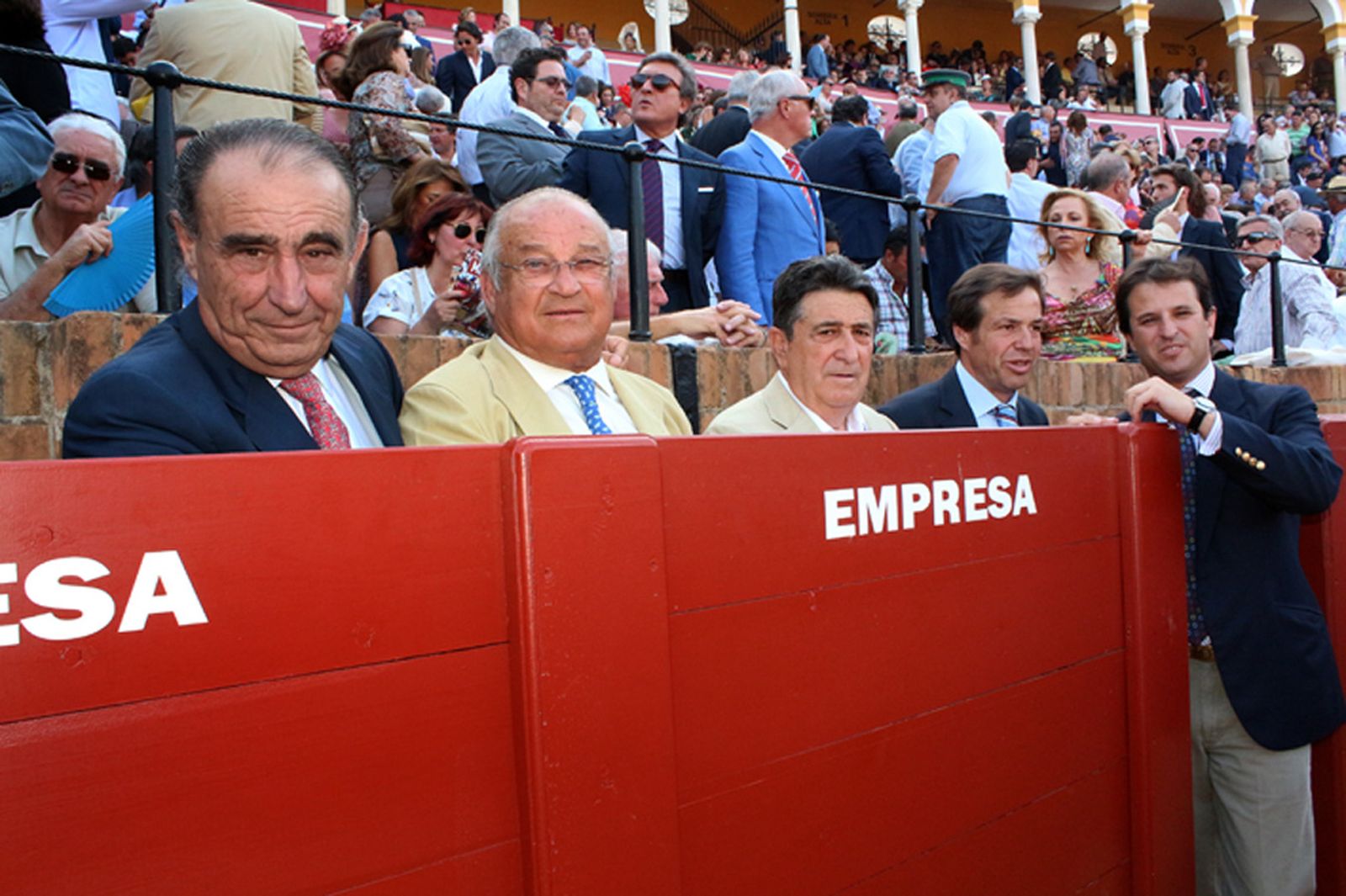 Los ganaderos Ricardo Gallardo (Fuente Ymbro), Borja  Domecq  (Jandilla), Domingo Hernández, y Justo Hernández, de Garcigrande, en la Feria de Sevilla de 2014.