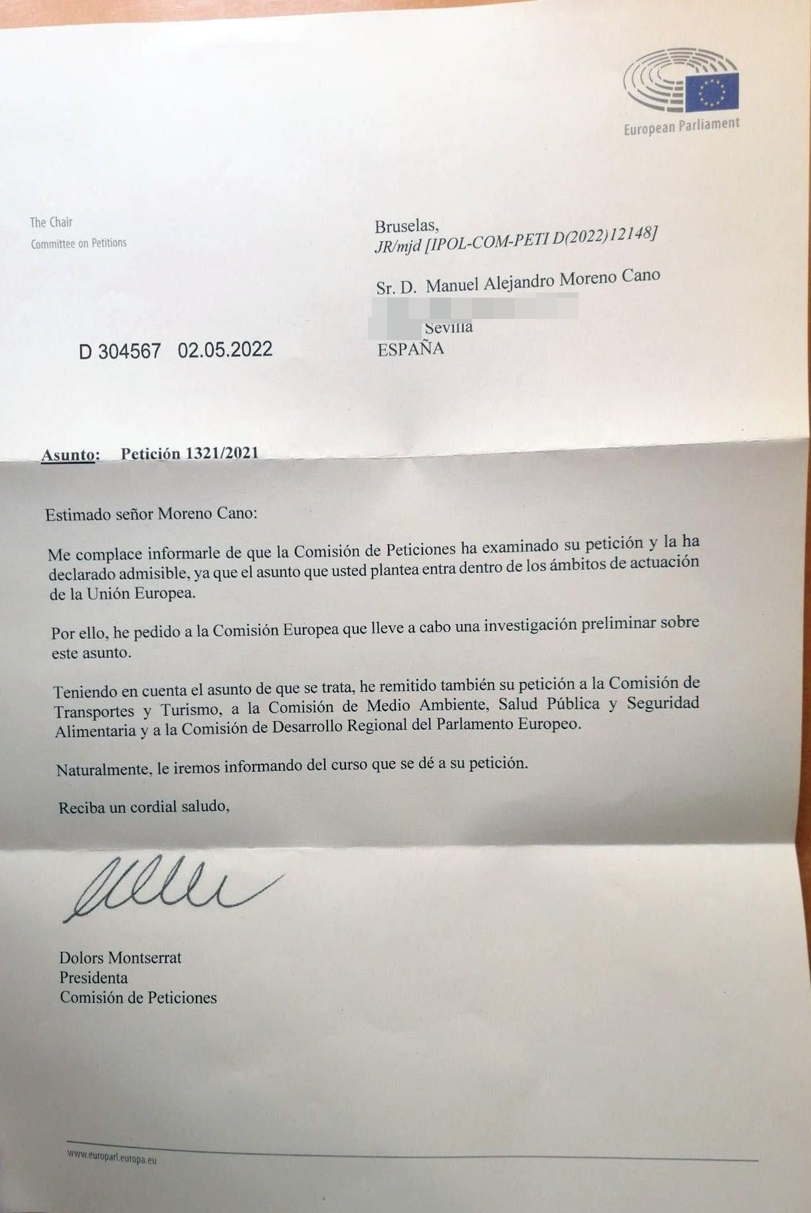 Respuesta de la Comisión de Petición del Parlamento Europeo a 'Sevilla quiere metro'.