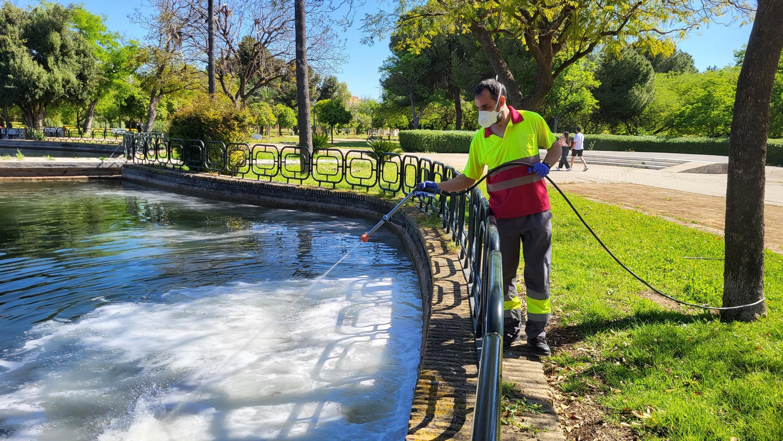 Una de las actuaciones contra el virus del Nilo en un parque de Sevilla.
