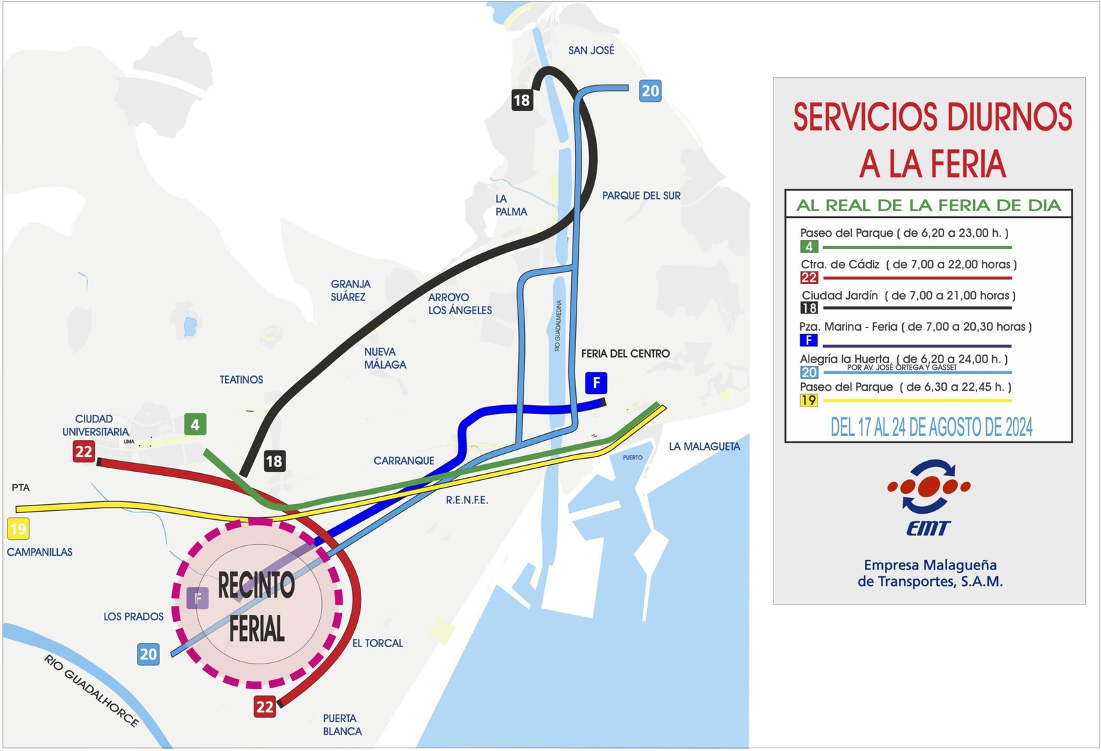 Mapa de las líneas diurnas de autobús que conectan el centro y el recinto ferial