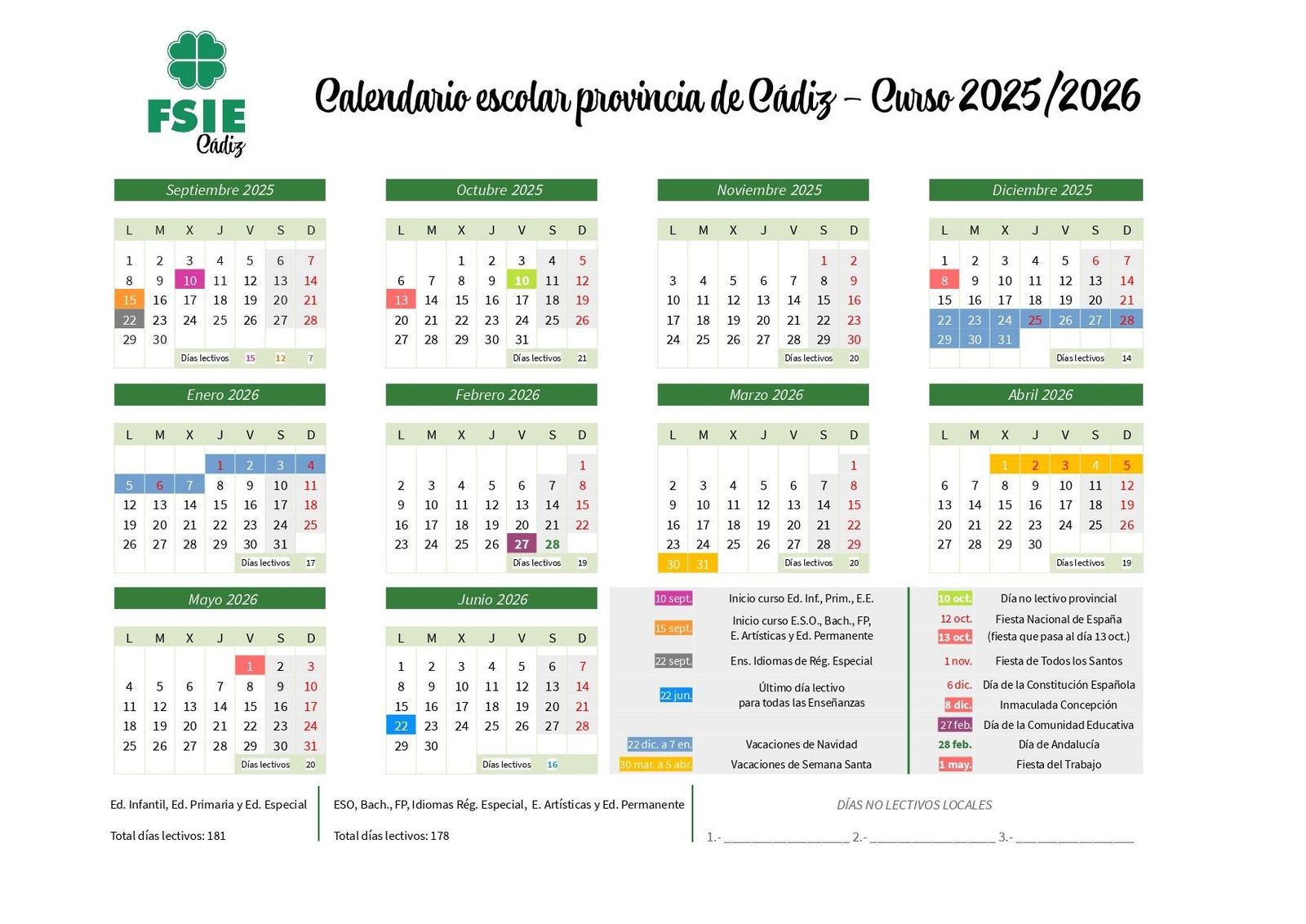 Calendario escolar en la provincia de Cádiz 2025/26. Calendario escolar en la provincia de Cádiz 2025/26.