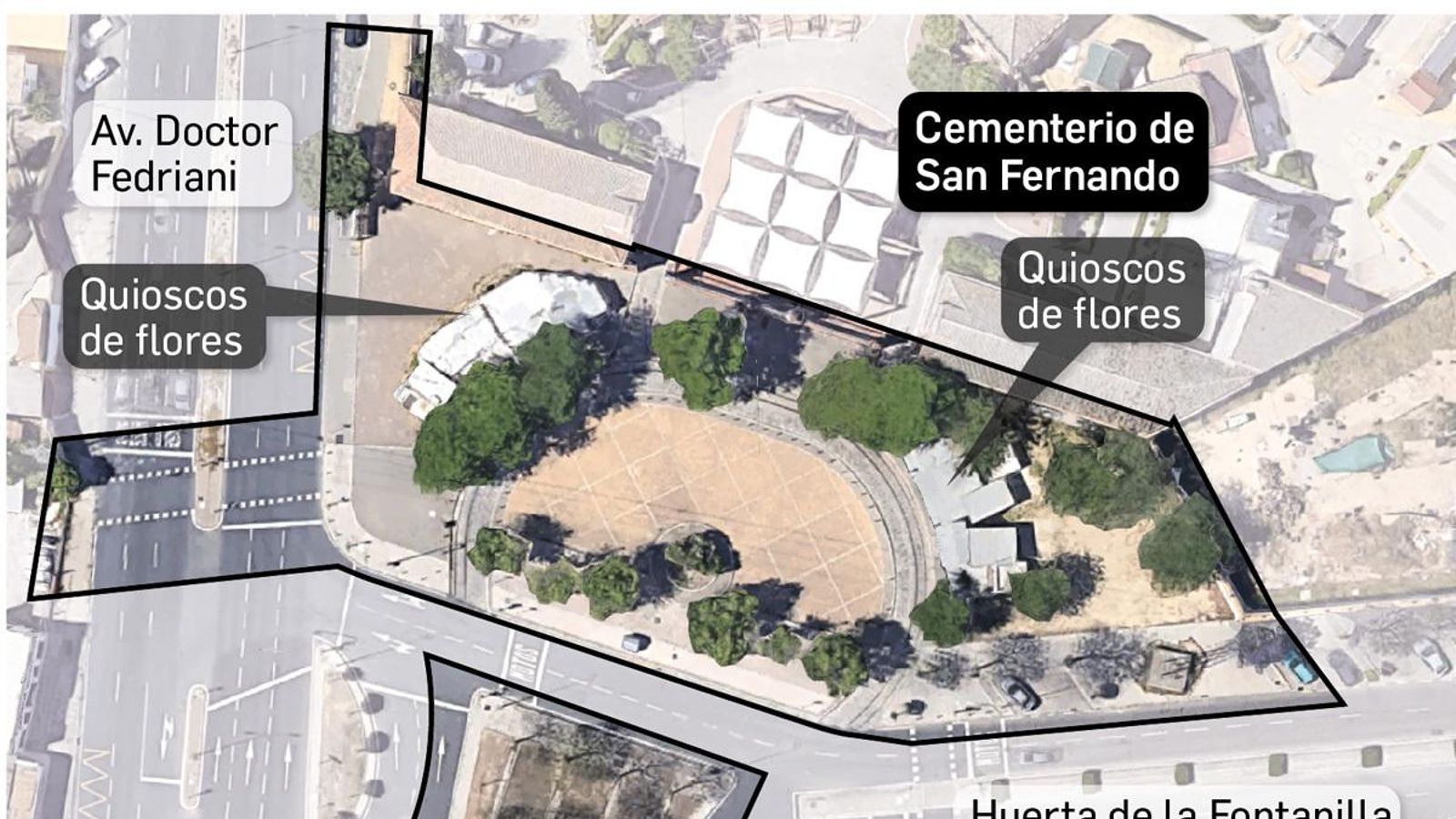 Estado actual de la entrada principal al cementerio de San Fernando.