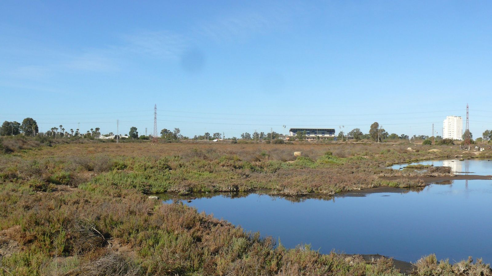 Las Marismas del Titán y al fondo el estadio Nuevo Colombino.