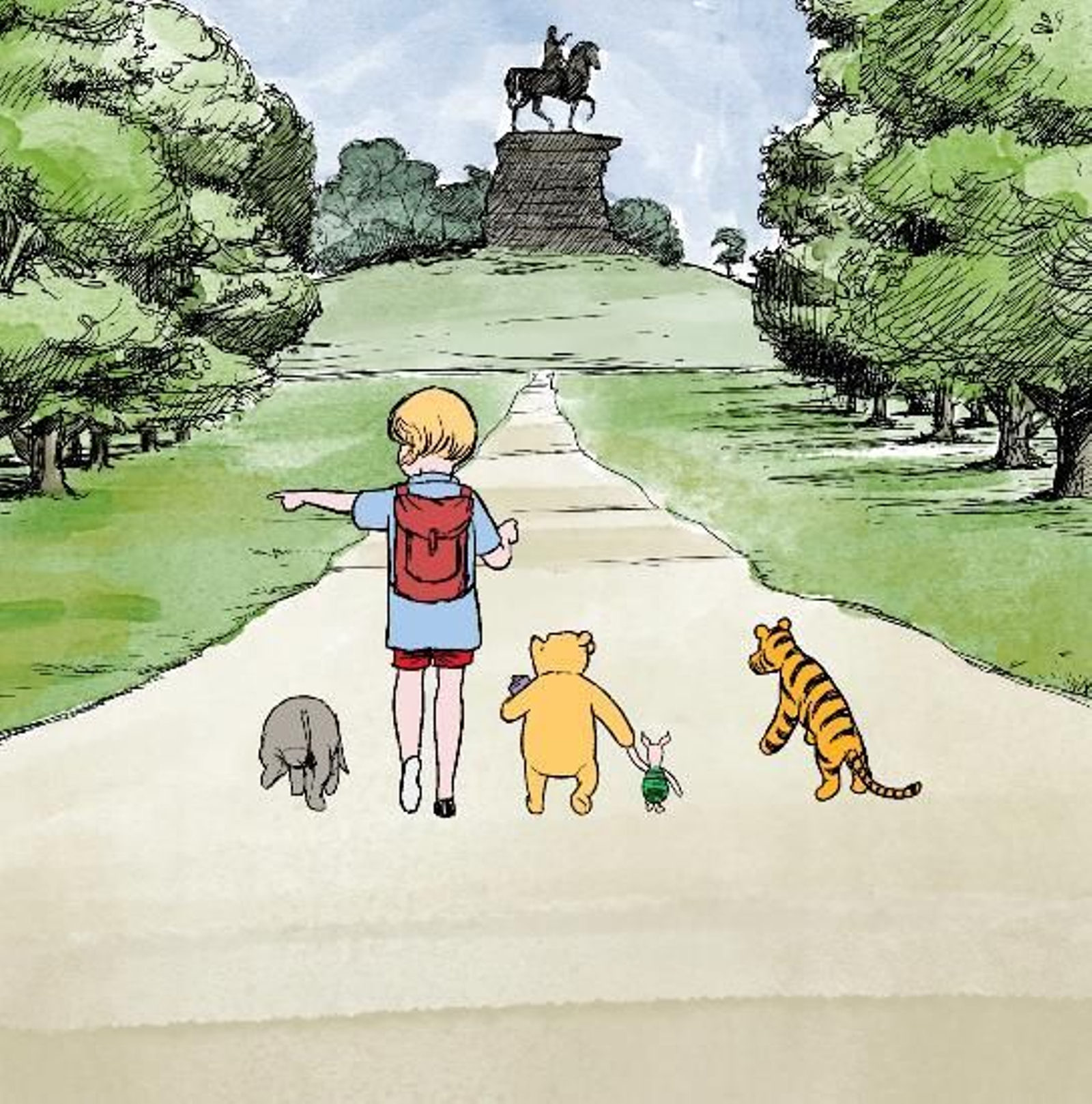 Christopher Robin, Winnie The Pooh y sus amiguitos, en Buckingham, tras entregarle su obsequio a  Isabel Ii.