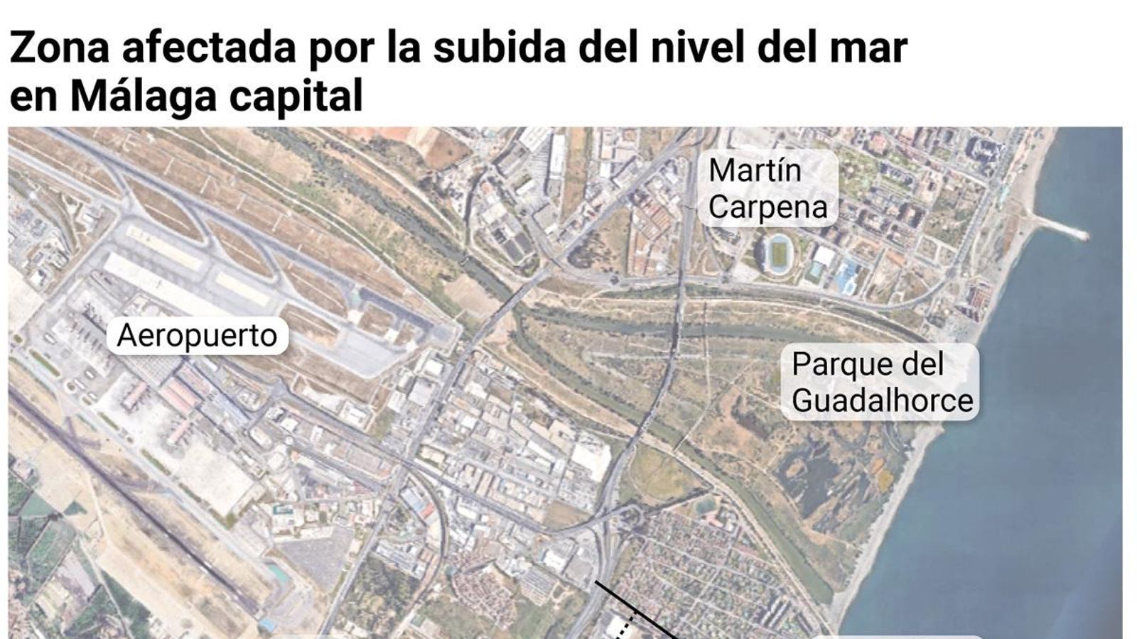 Mapa con la zona afectada por la subida del nivel del mar en Málaga capital.