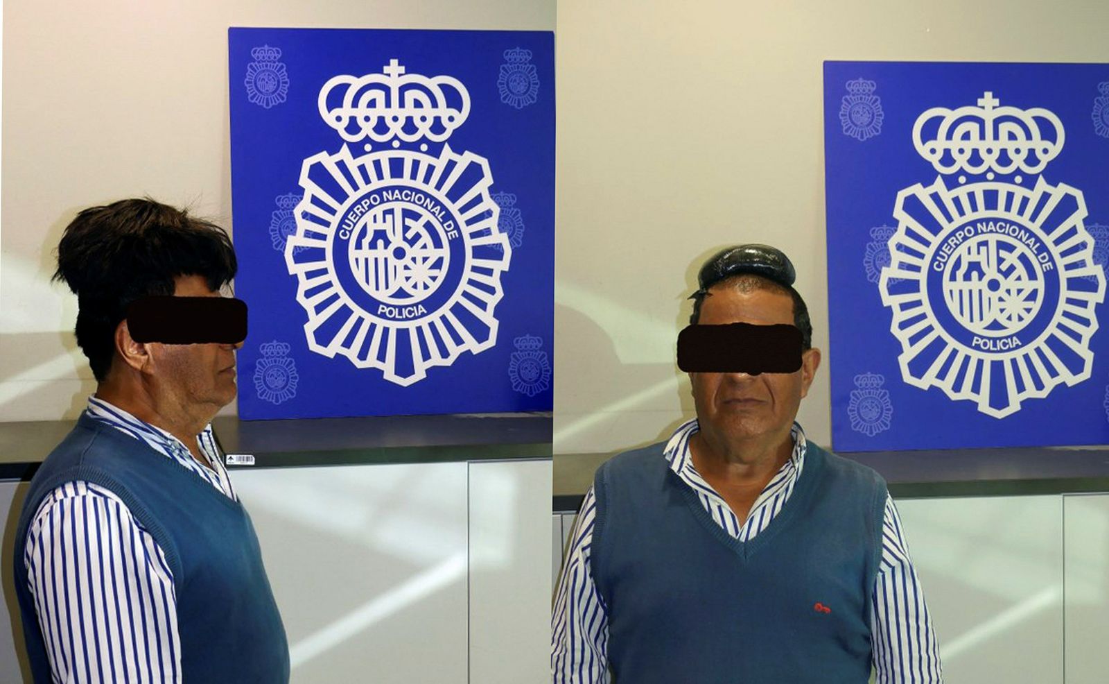 Fotografia difundida en twitter por la Policia Nacional, tras la detención del hombre que ocultaba medio kilo de cocaína en el doble fondo de su peluquín.