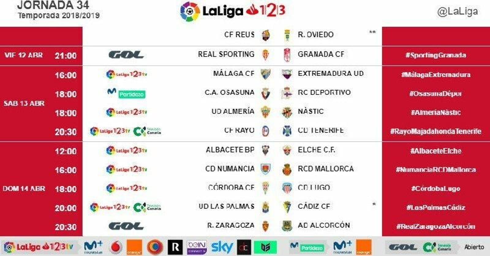 Horarios de la jornada 34 de Segunda División