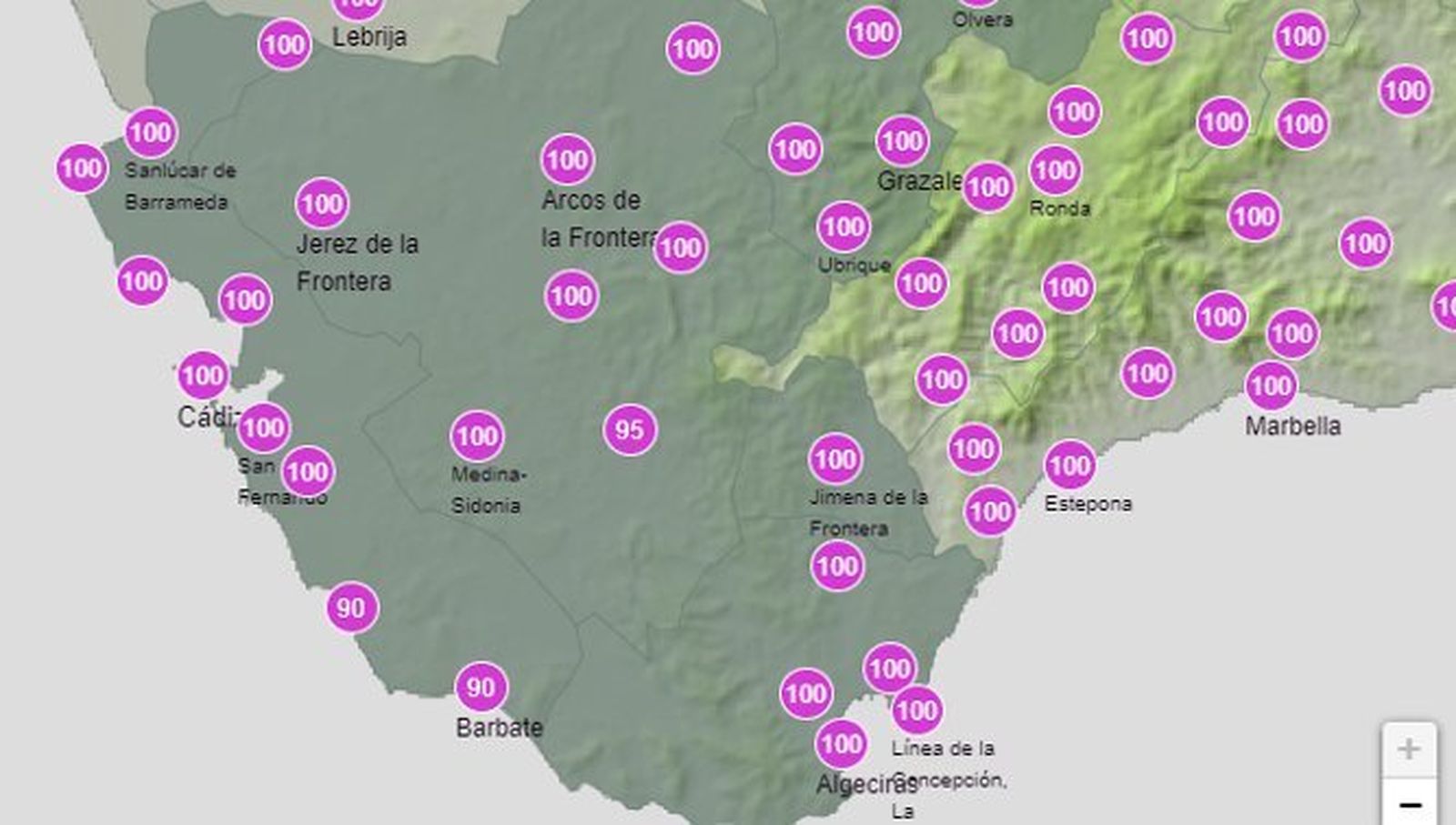 Probabilidad muy alta de precipitaciones durante todo el día en Cádiz.