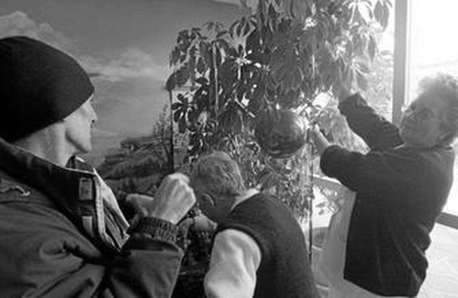 Dos religiosas y un usuario del Hogar Marilac colocan los adornos el árbol de Navidad.