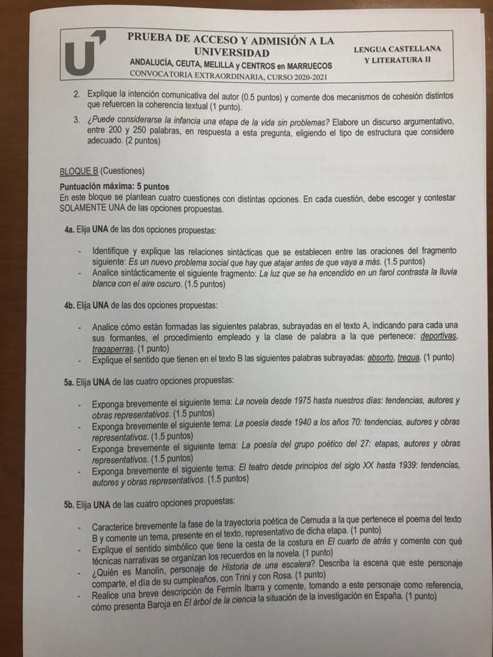 Examen de Lengua y Literatura de Selectividad extraordinaria en Andalucía 2021