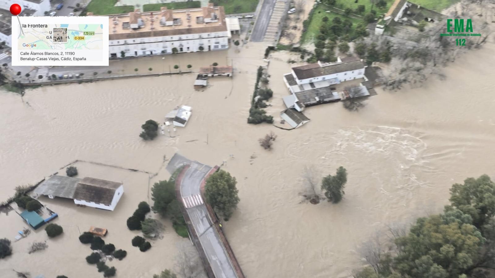 Así se ve desde el aire el desbordamiento del río Guadalete en Jerez, El Puerto, Arcos y la Sierra